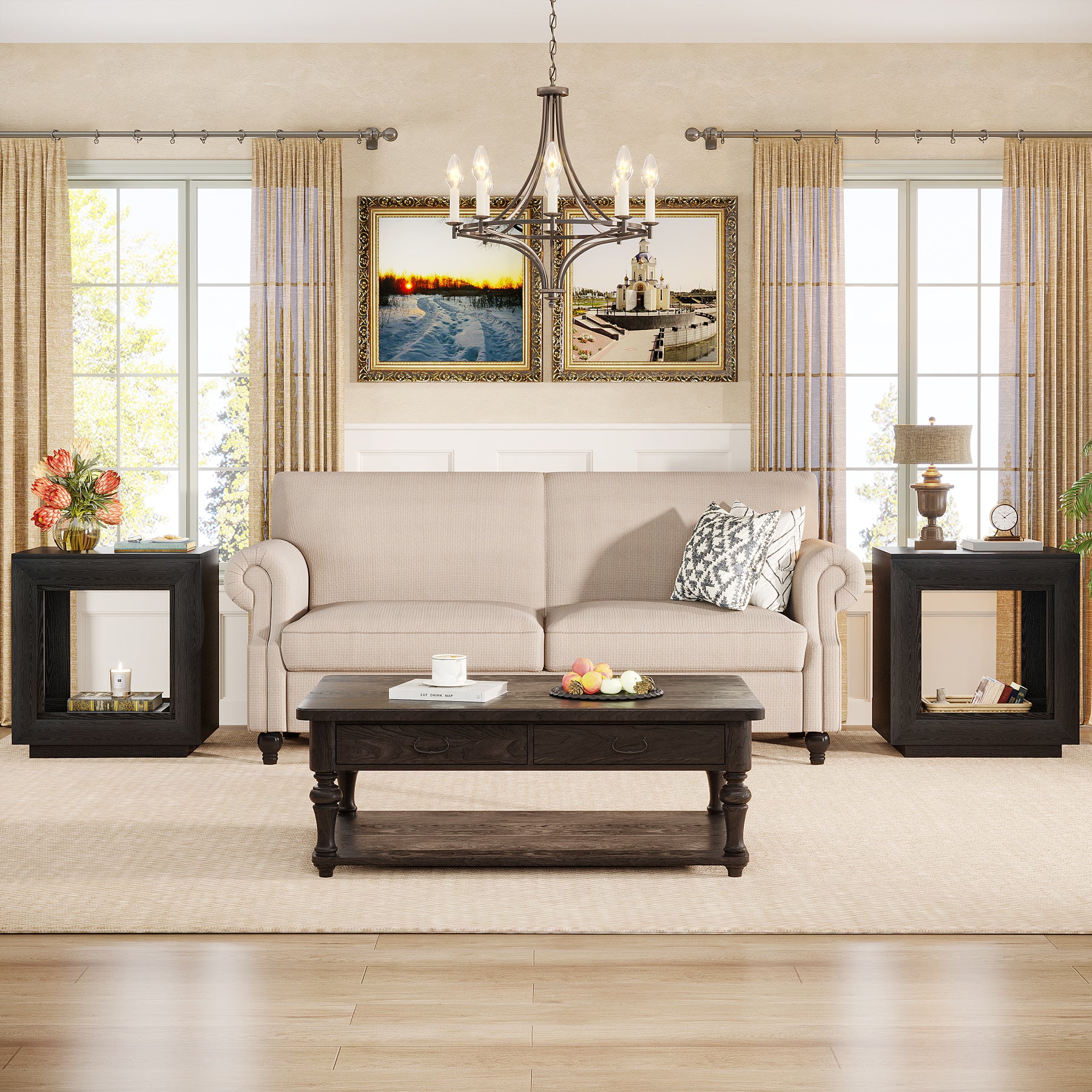 Square End Table, 2-Tier Wooden Sofa Side Table with Storage Shelf