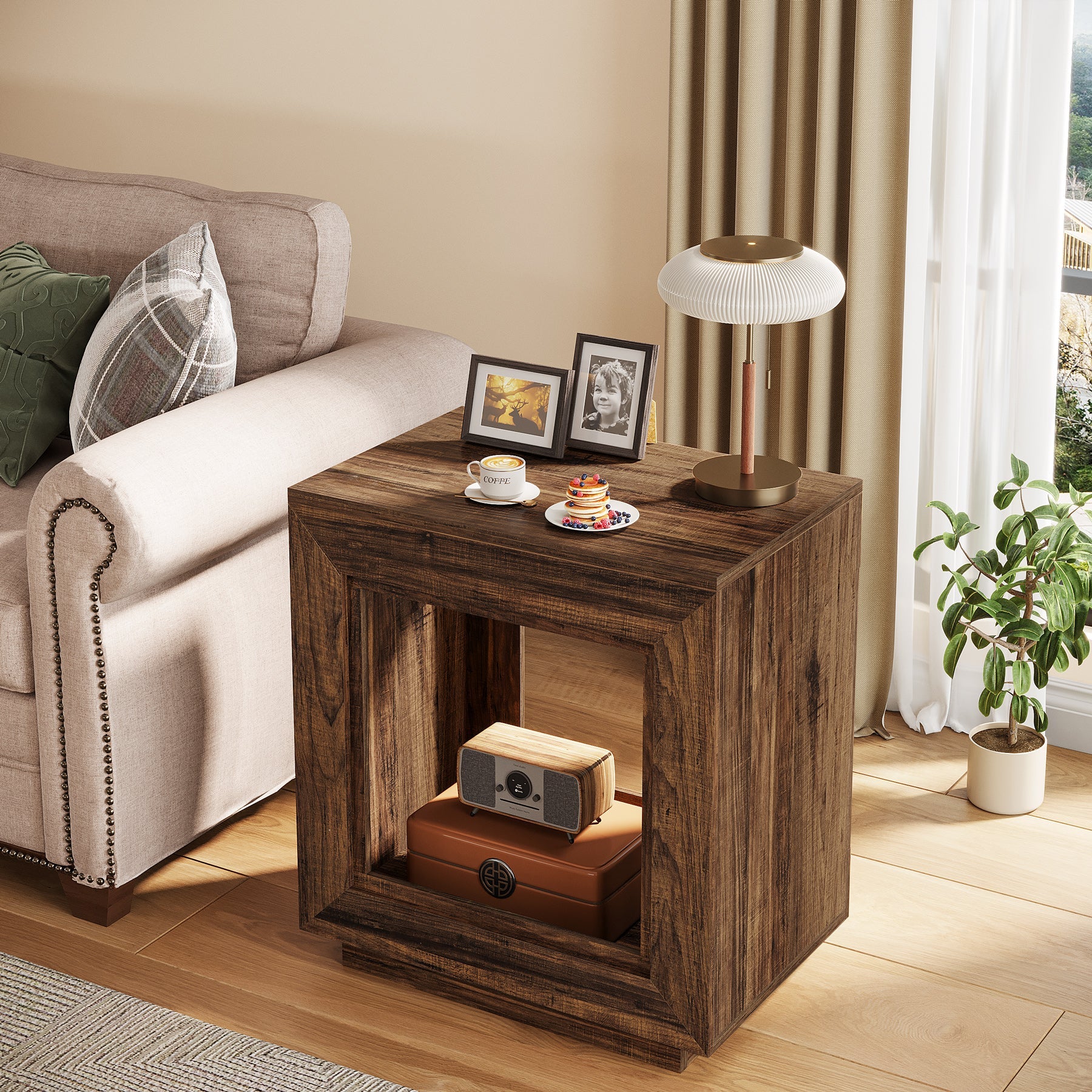 Wood End Table, Square Side Table Nightstands with Storage
