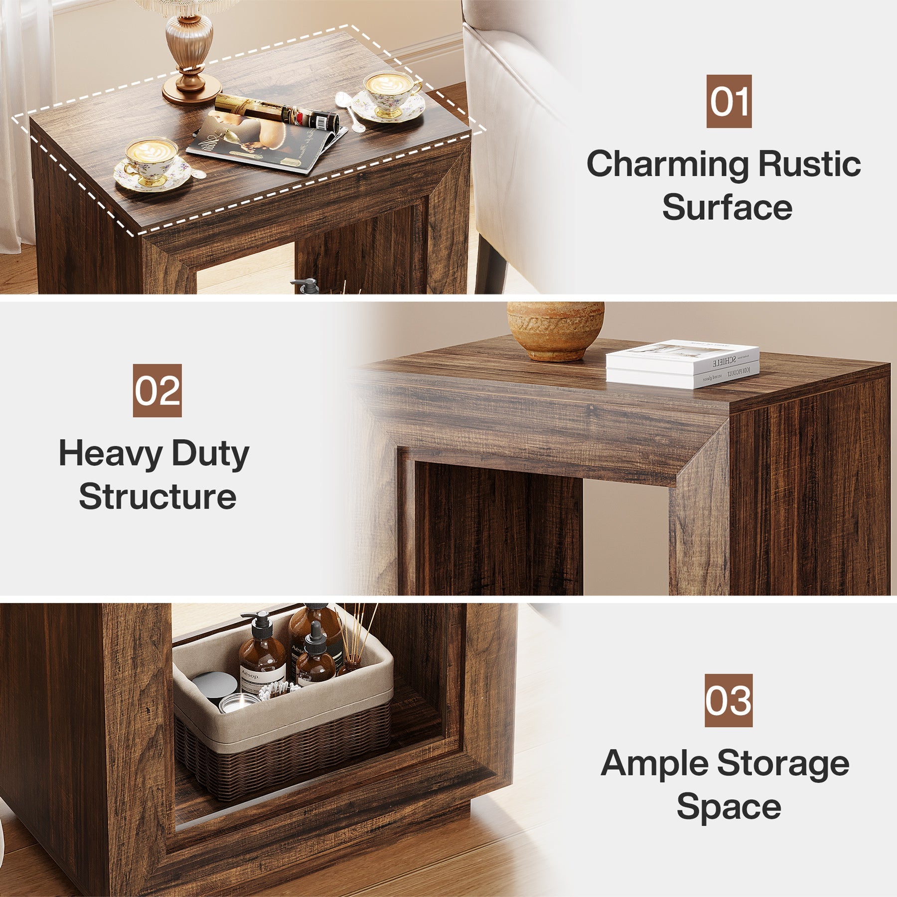 Wood End Table, Square Side Table Nightstands with Storage
