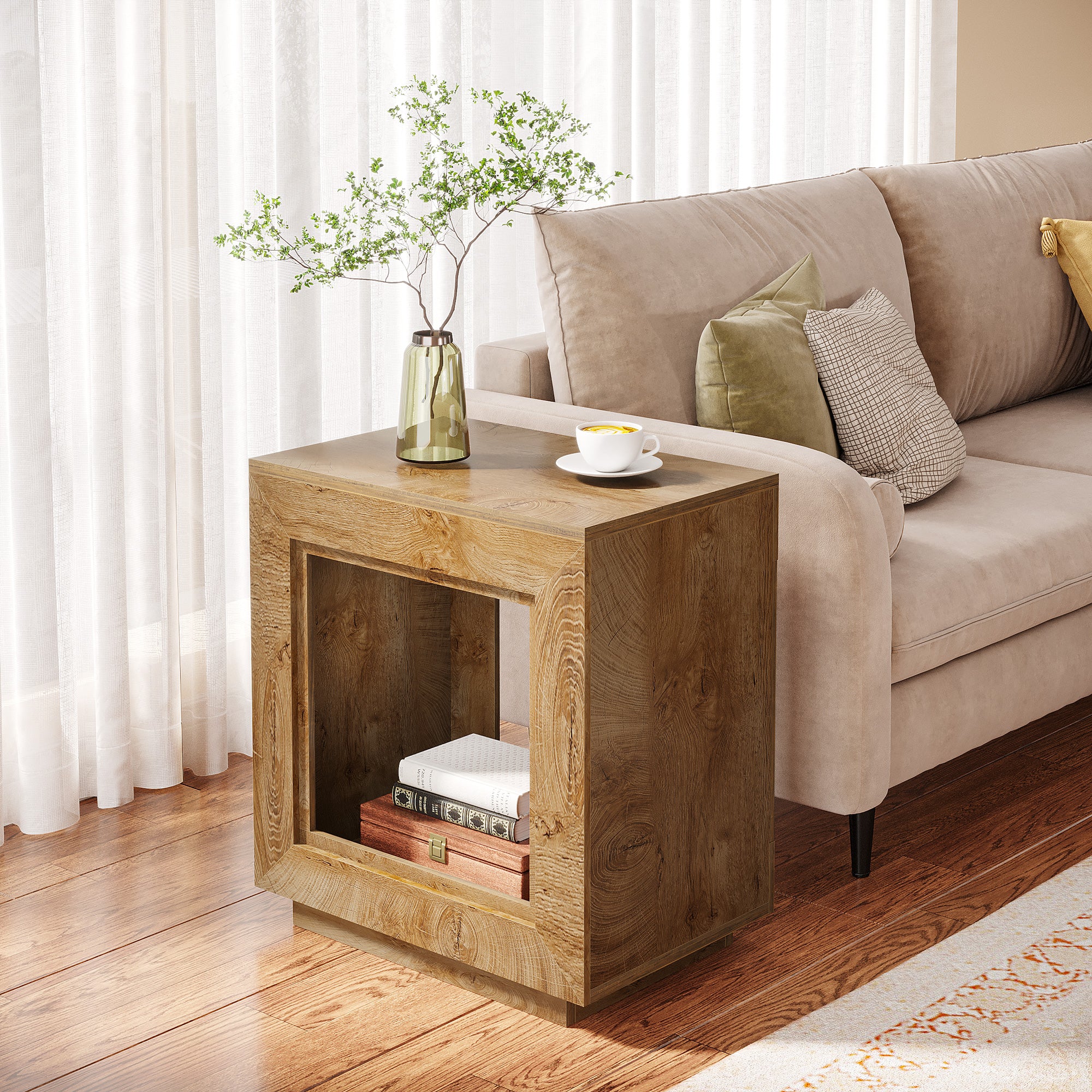 Square End Table, 2-Tier Wooden Sofa Side Table with Storage Shelf
