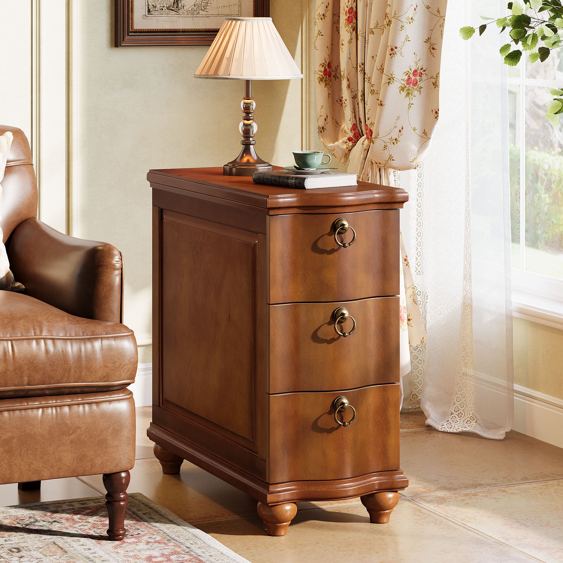 Wood Side Table, Fully Assembled Slim End Table Nightstand with 3-Drawers