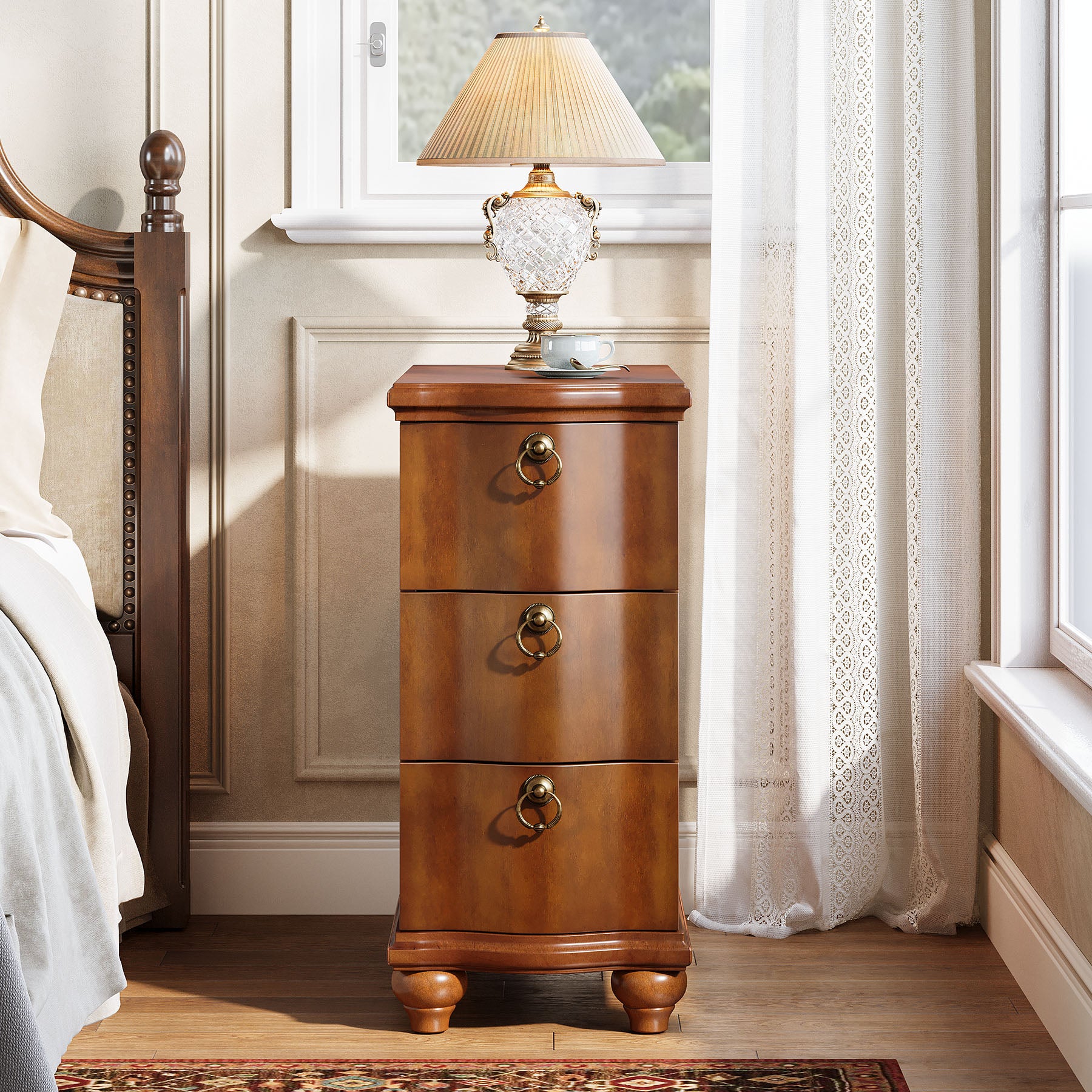 Wood Side Table, Fully Assembled Slim End Table Nightstand with 3-Drawers