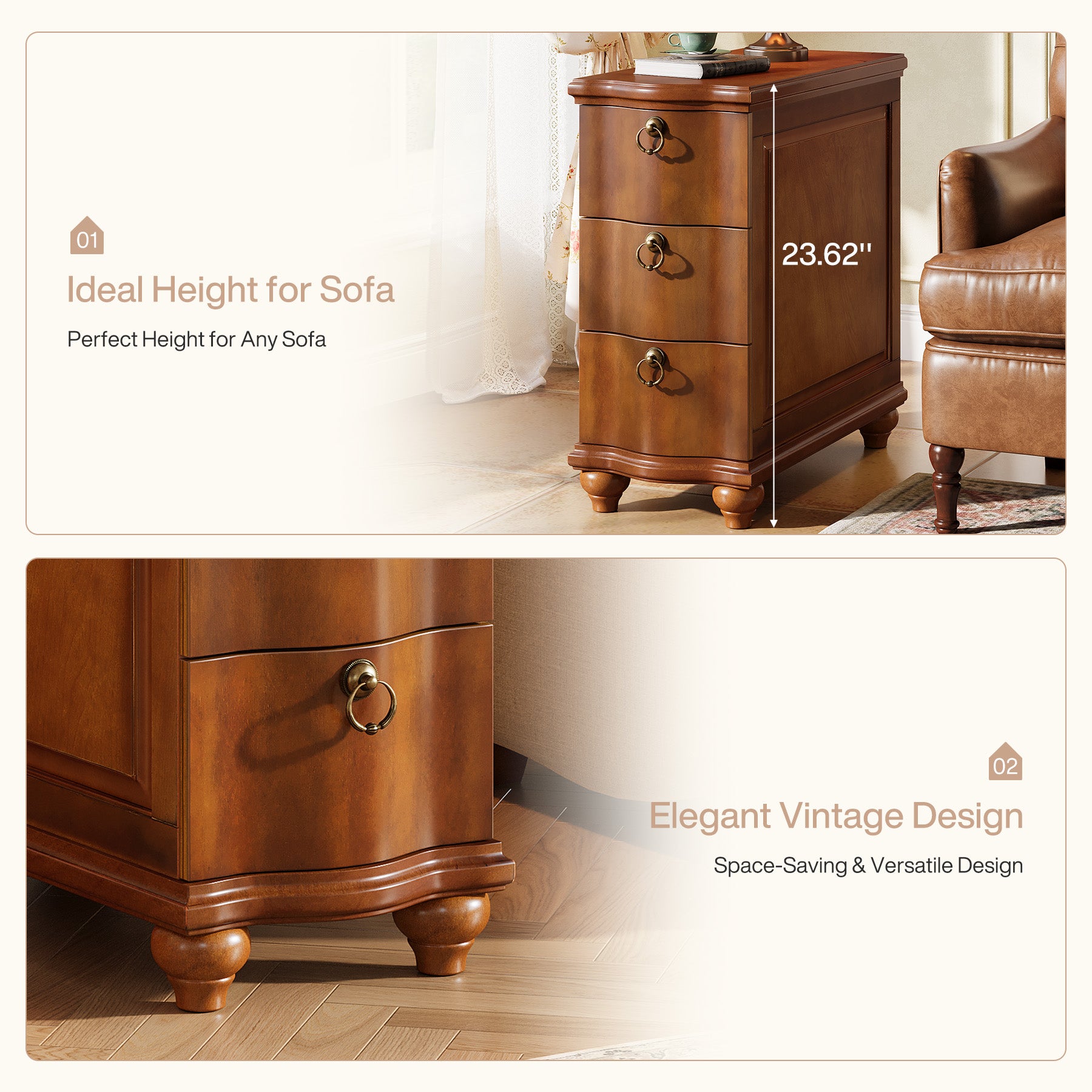 Wood Side Table, Fully Assembled Slim End Table Nightstand with 3-Drawers