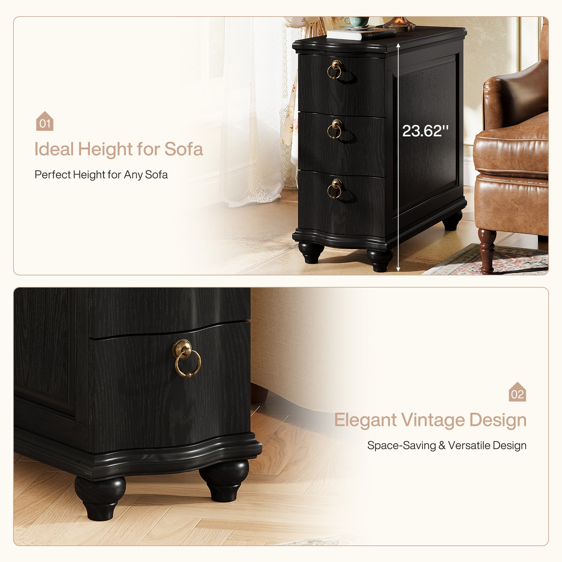 Wood Slim End Table, Fully Assembled Side Table Nightstand with 3-Drawers