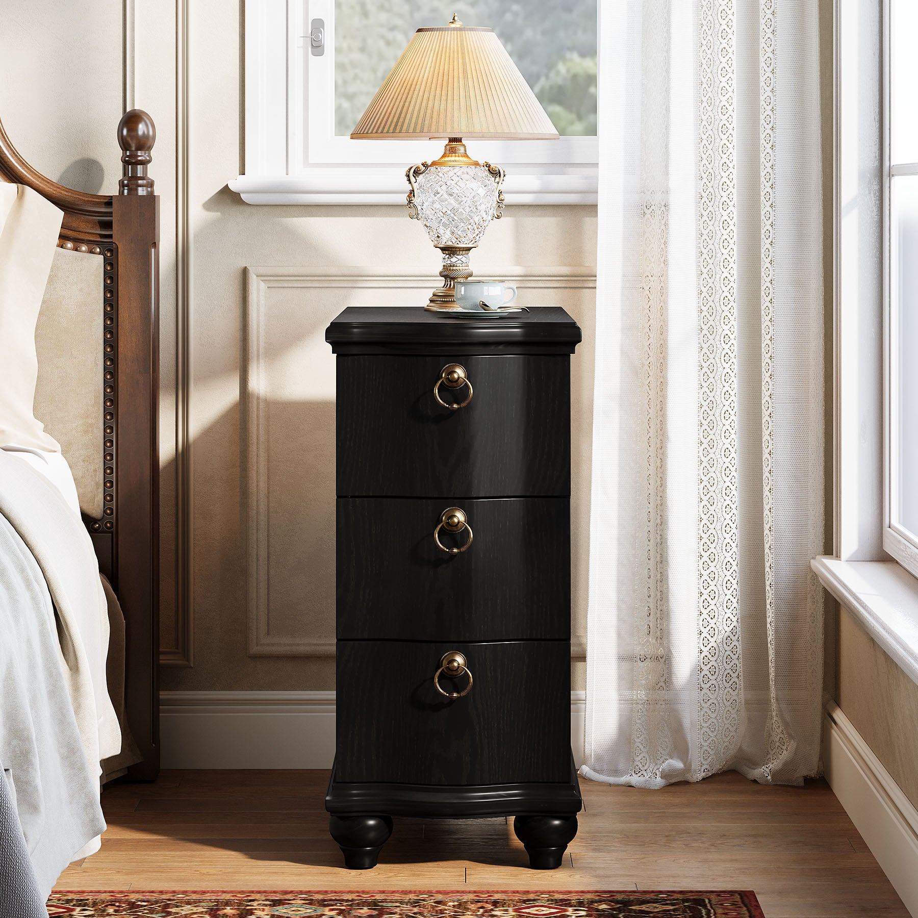 Wood Slim End Table, Fully Assembled Side Table Nightstand with 3-Drawers