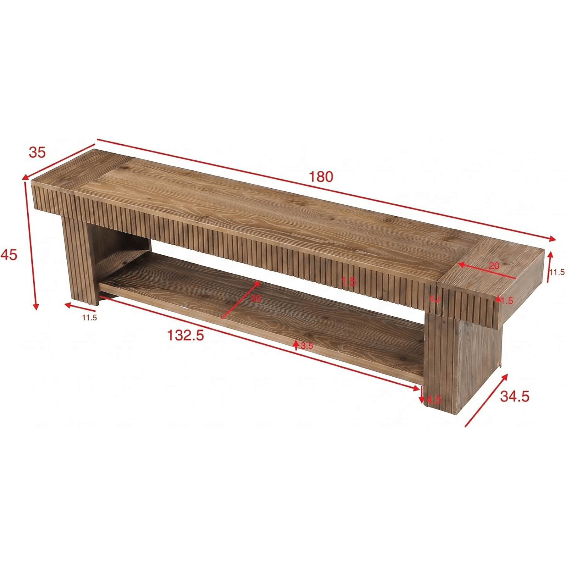 71 Inch Fluted Solid Wood TV Stand, Rustic Farmhouse Media Console with Open Storage for Living Room