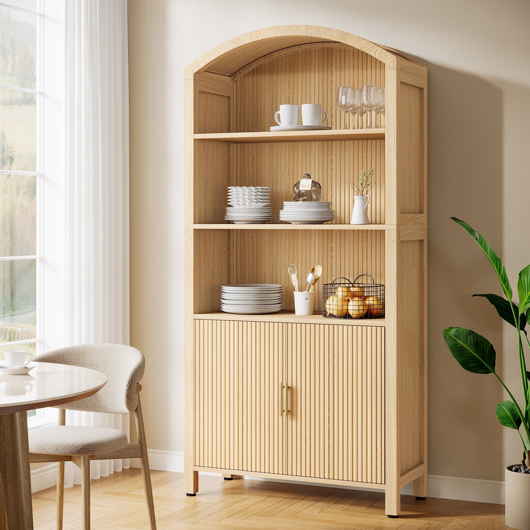 Arched Kitchen Pantry Cabinet, 5 - Tier Storage Cabinet with Open Shelves Tribesigns