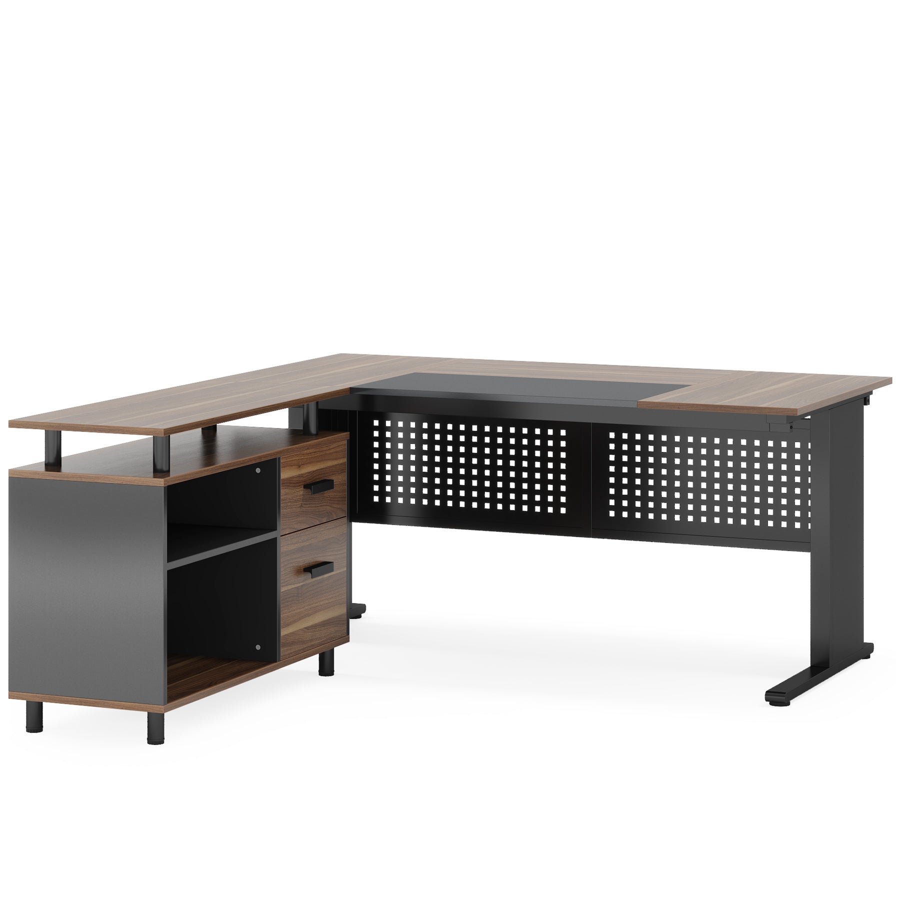 Industrial L-Shaped Desk, 63" Executive Desk with File Cabinet