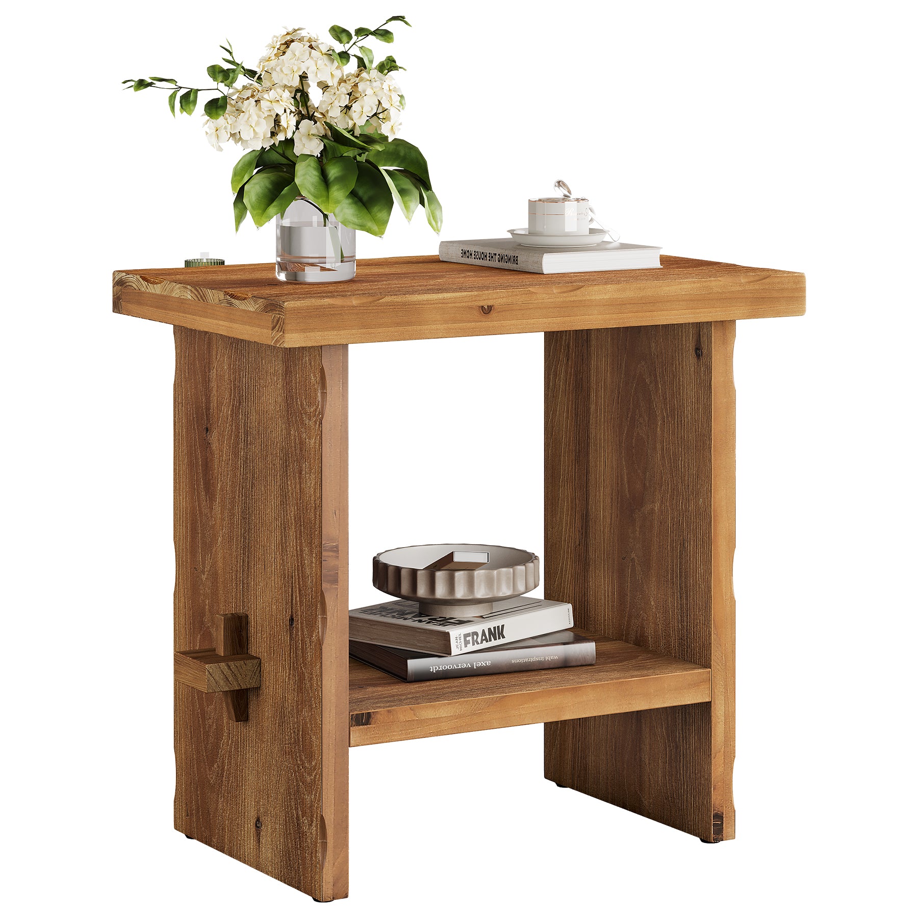 23.62-Inch Solid Wood Nightstand with Storage, Farmhouse Bedside Table with Wooden Base for Bedroom