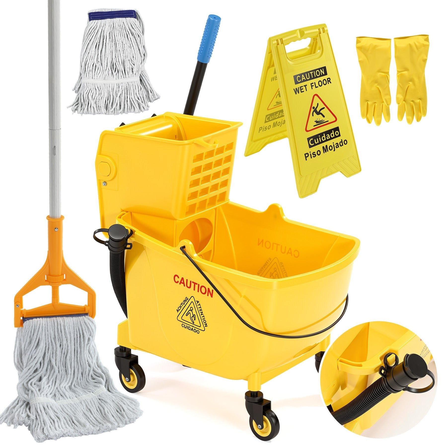 38 Qt Commercial Mop Bucket Set with Wringer, String Mop, Mop Head Refill, Gloves & Caution Sign