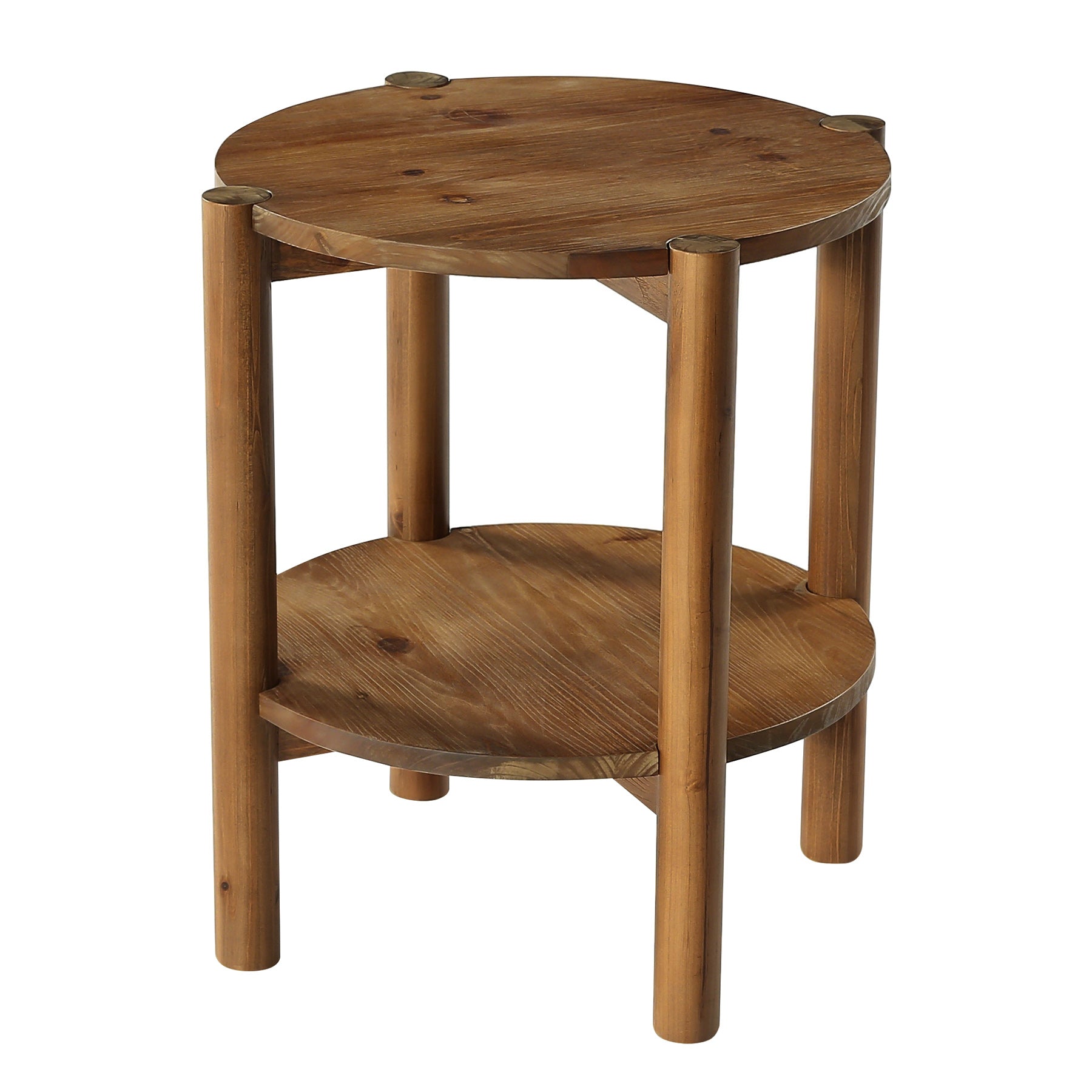 Solid Wood Round End Table, 2-Tier Small Side Table with Storage Shelf