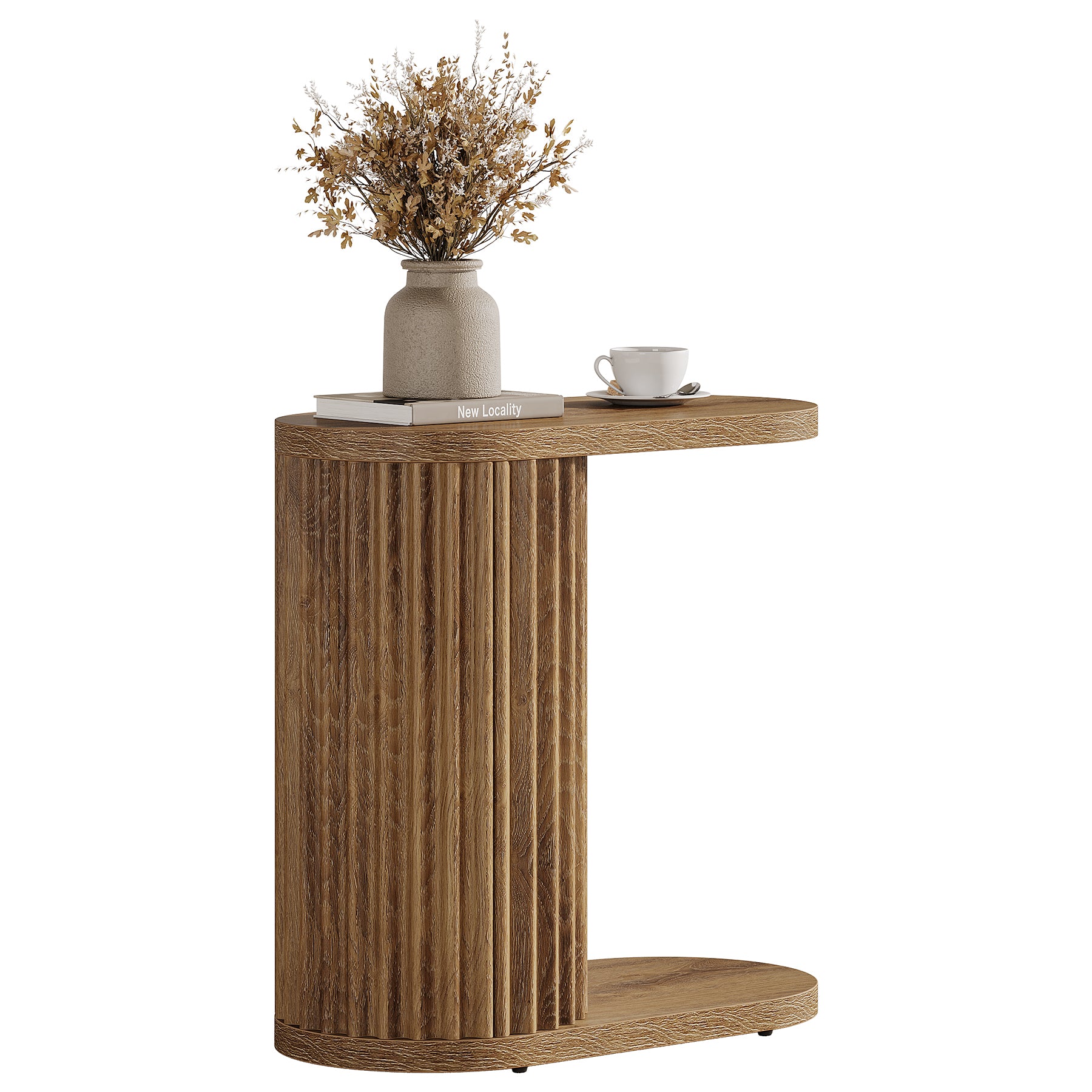 23.62" Fluted C-Shaped End Table with Oval Top, Narrow Side Table for Couch