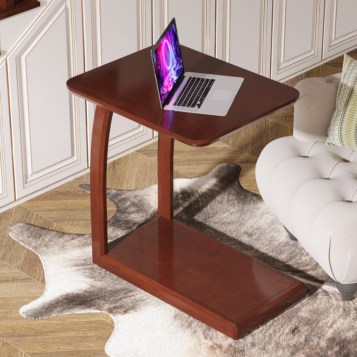 C-Shaped End Table, 2-Tier Rectangular Side Table with Solid Wood Tribesigns