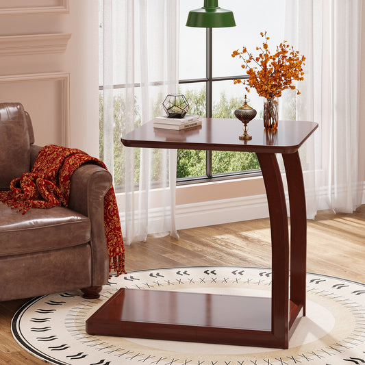 C-Shaped End Table, 2-Tier Rectangular Side Table with Solid Wood Tribesigns