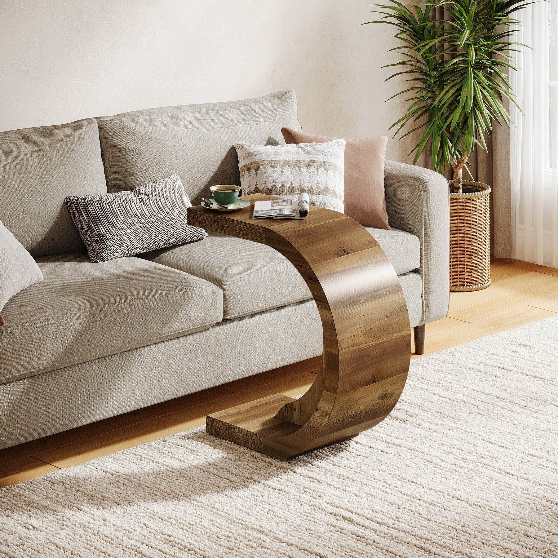 C - Shaped End Table, Wood Side Table for Couch Sofa Tribesigns