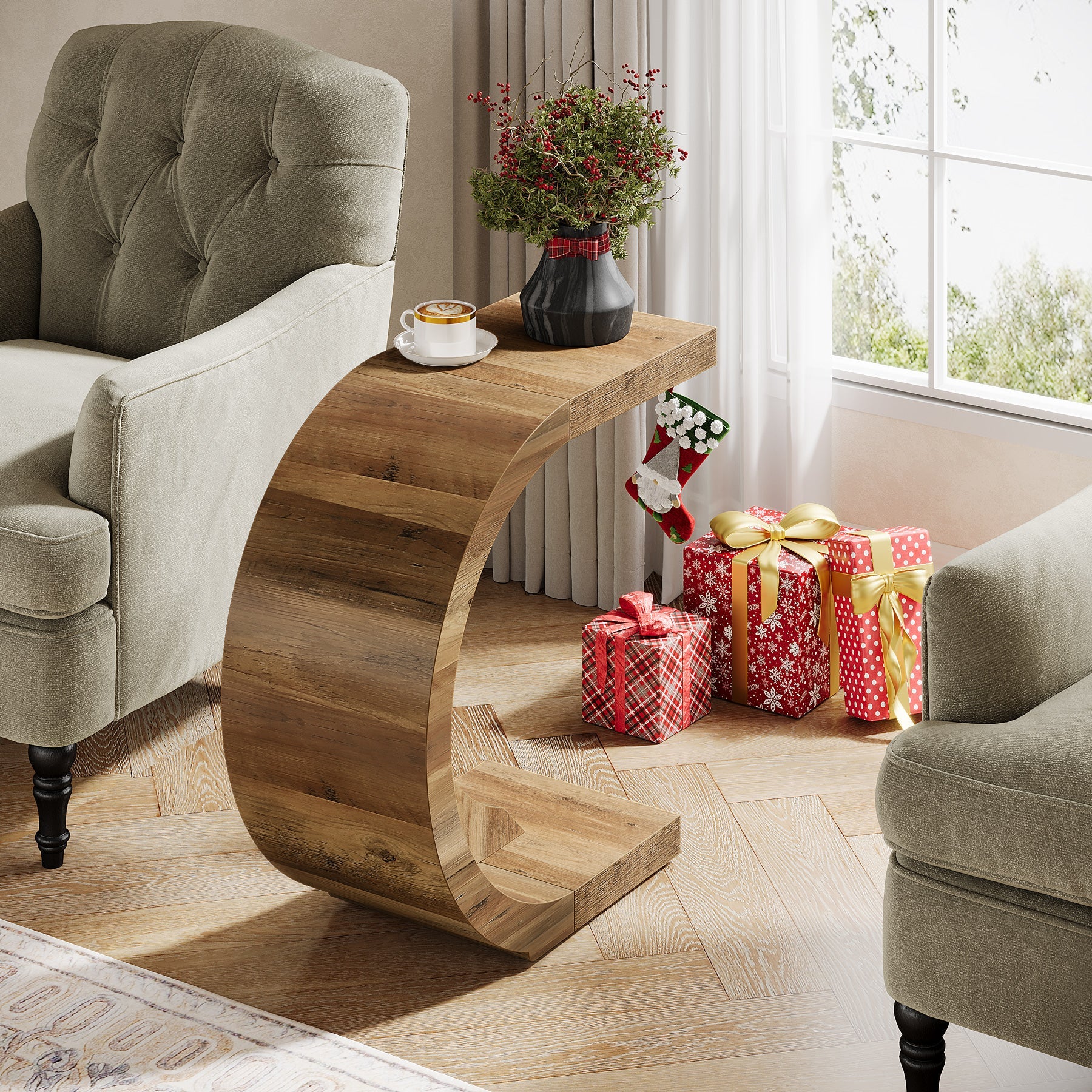 C - Shaped End Table, Wood Side Table for Couch Sofa Tribesigns