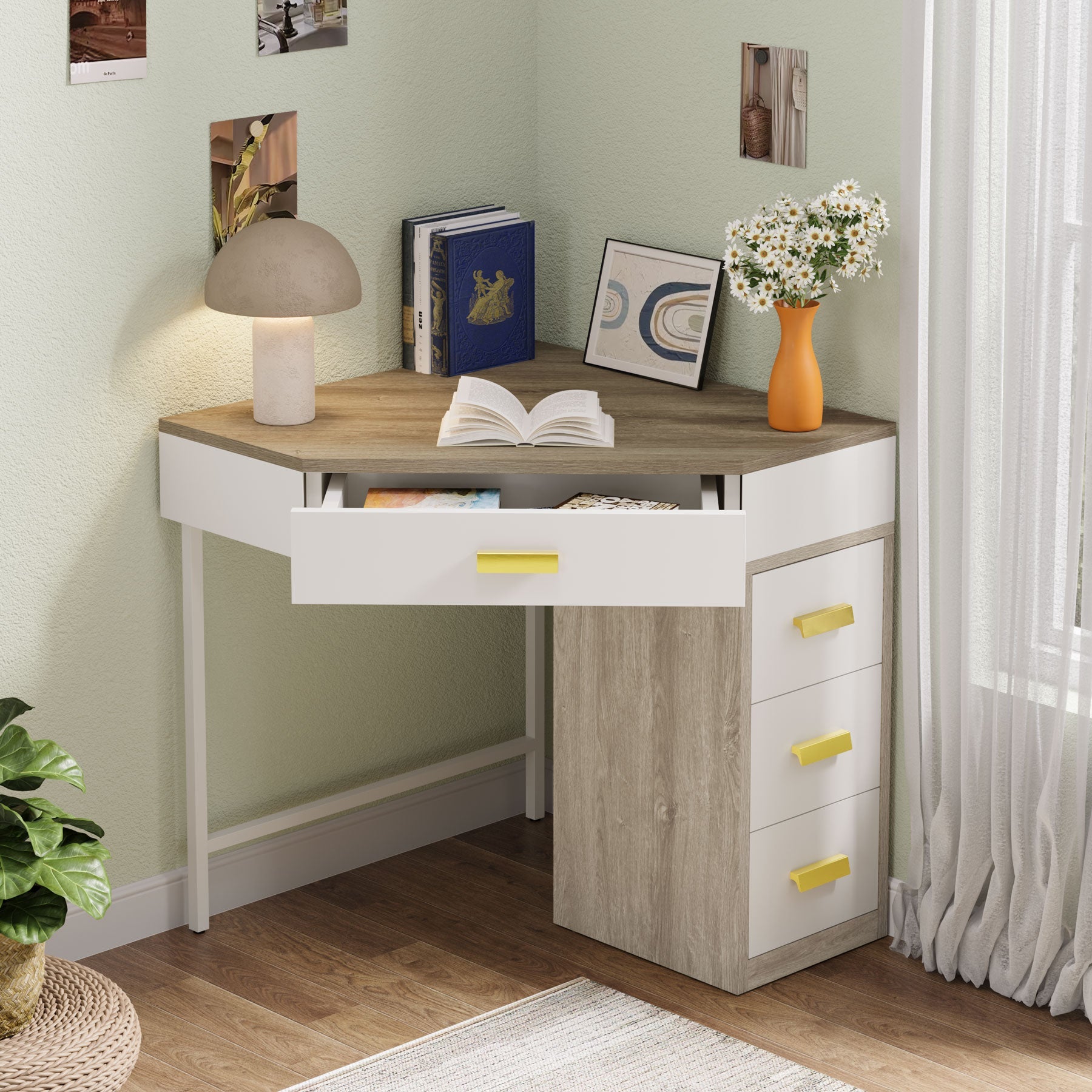Corner Desk, Triangle Computer Desk Makeup Vanity Desk with 3 Drawers Tribesigns