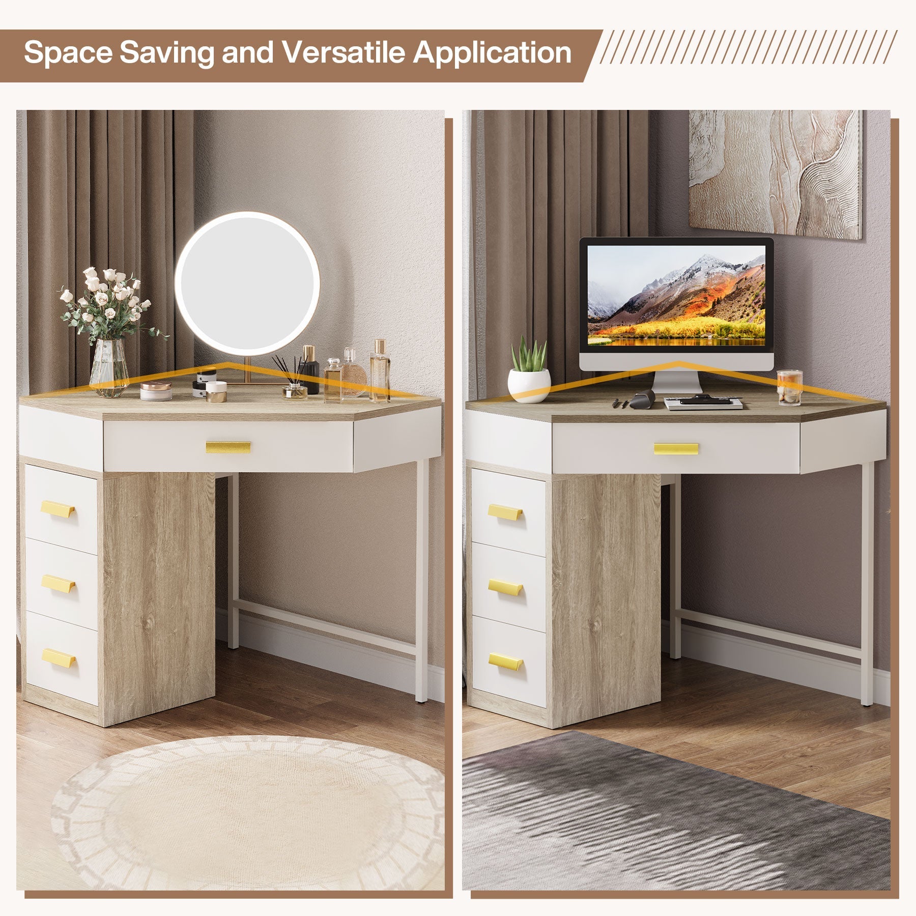 Corner Desk, Triangle Computer Desk Makeup Vanity Desk with 3 Drawers Tribesigns