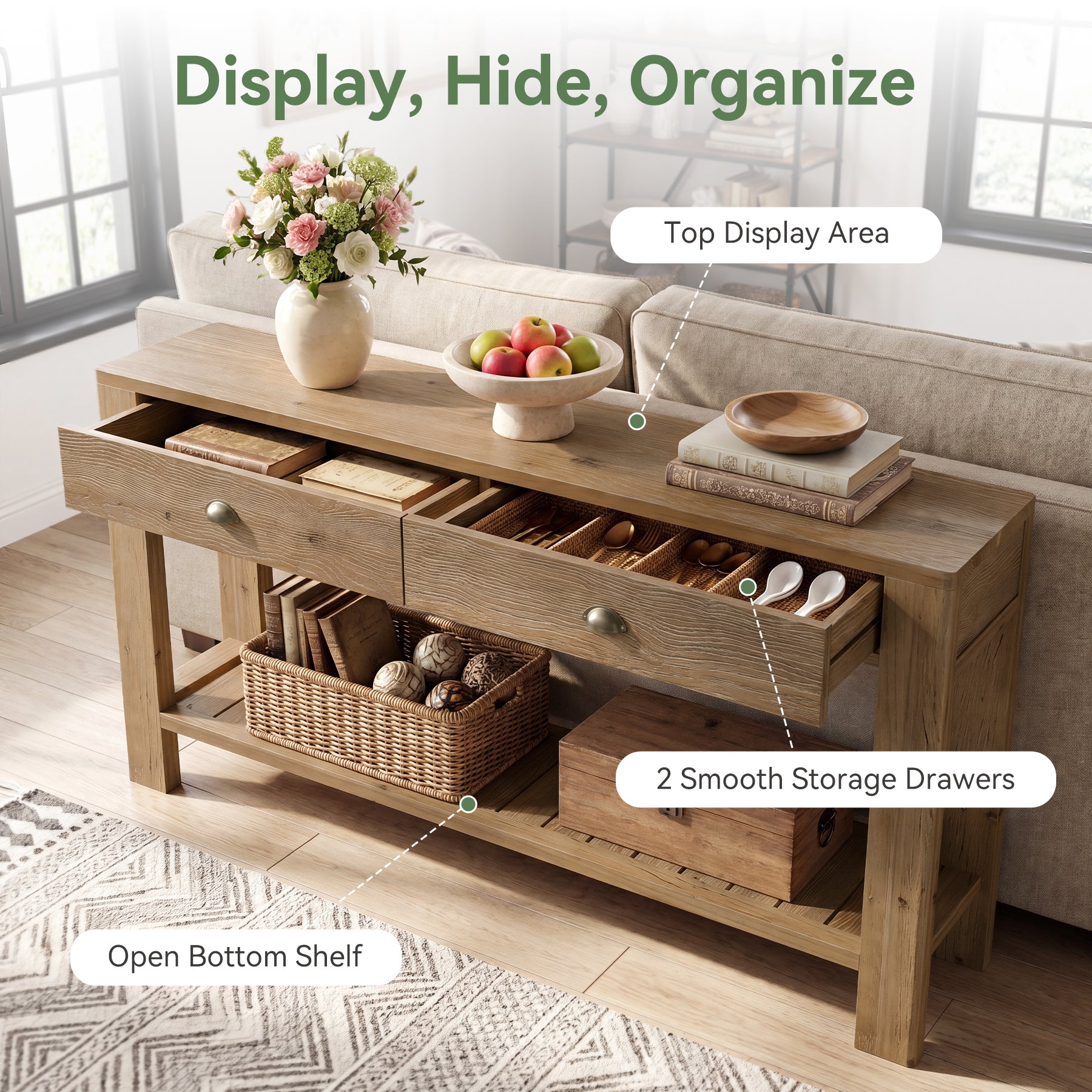 55" Solid Wood Console Table, Narrow Entryway Table with 2 Drawers & Storage Shelf,