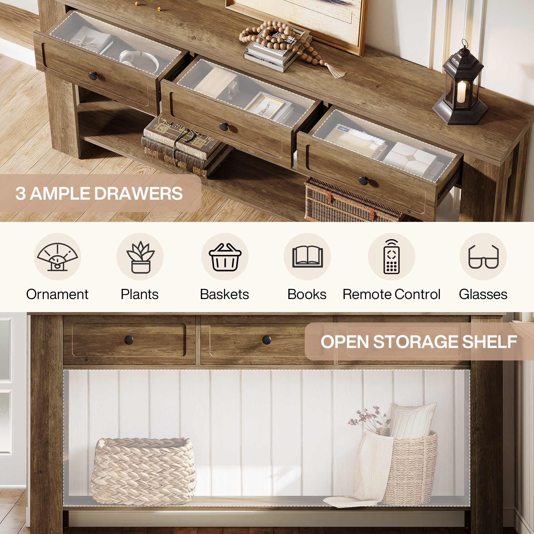 70.9" Extra-Long Console Table with 3 Drawers, Narrow Farmhouse Entryway Sofa Table with Shelf for Hallway or Behind Couch