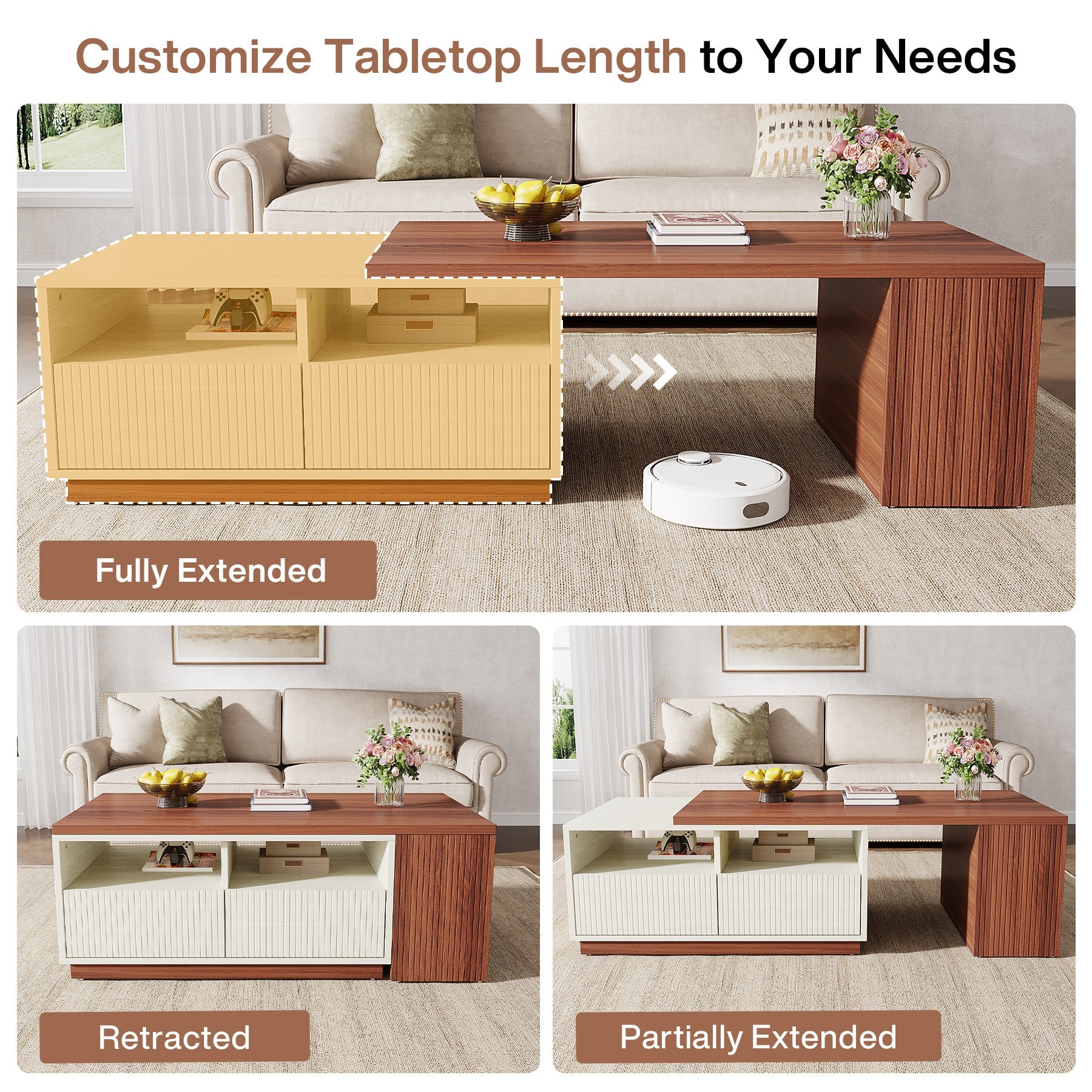 Extendable Coffee Table, Center Table with 2 Drawers and Reversible Tabletop Tribesigns