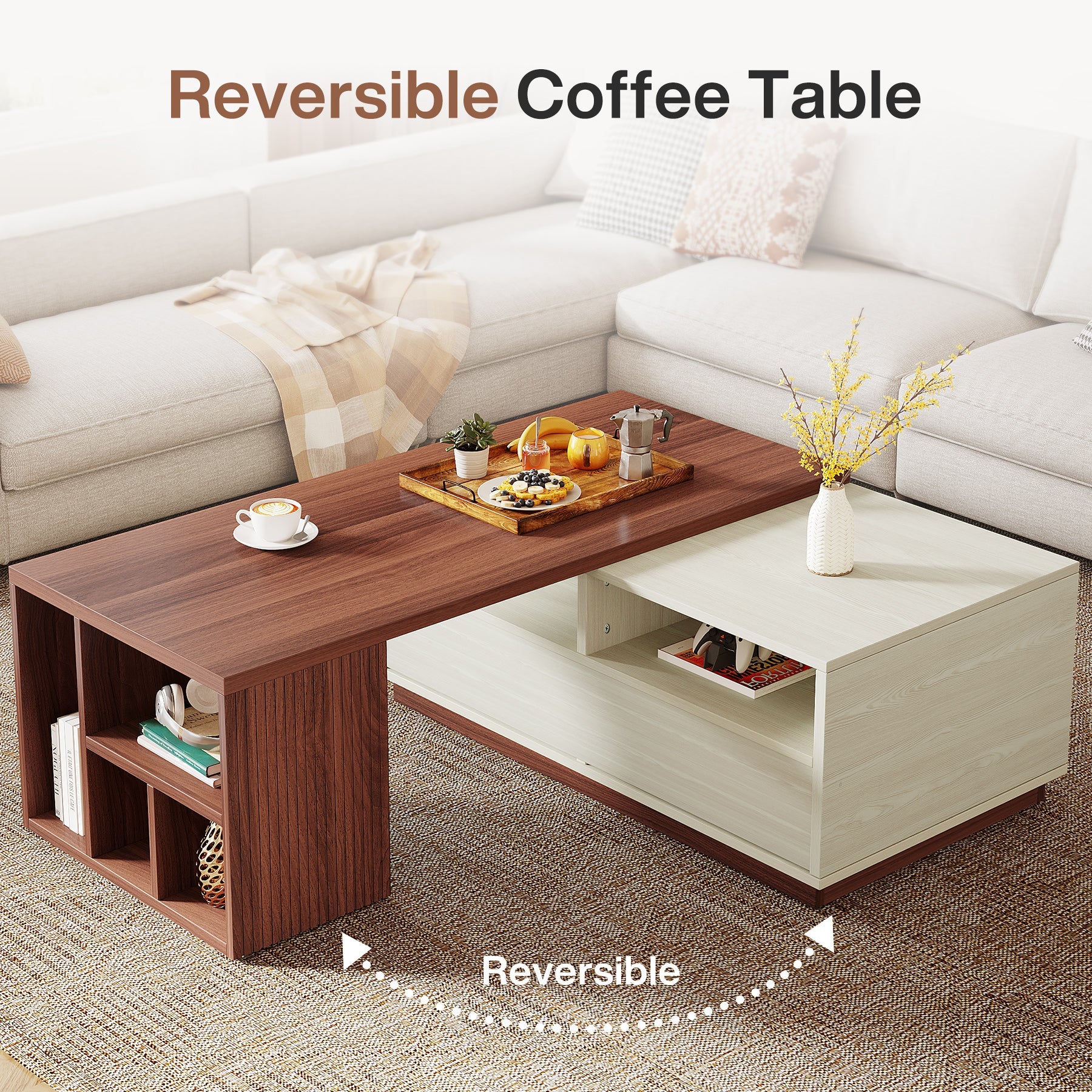 Extendable Coffee Table, Center Table with 2 Drawers and Reversible Tabletop Tribesigns