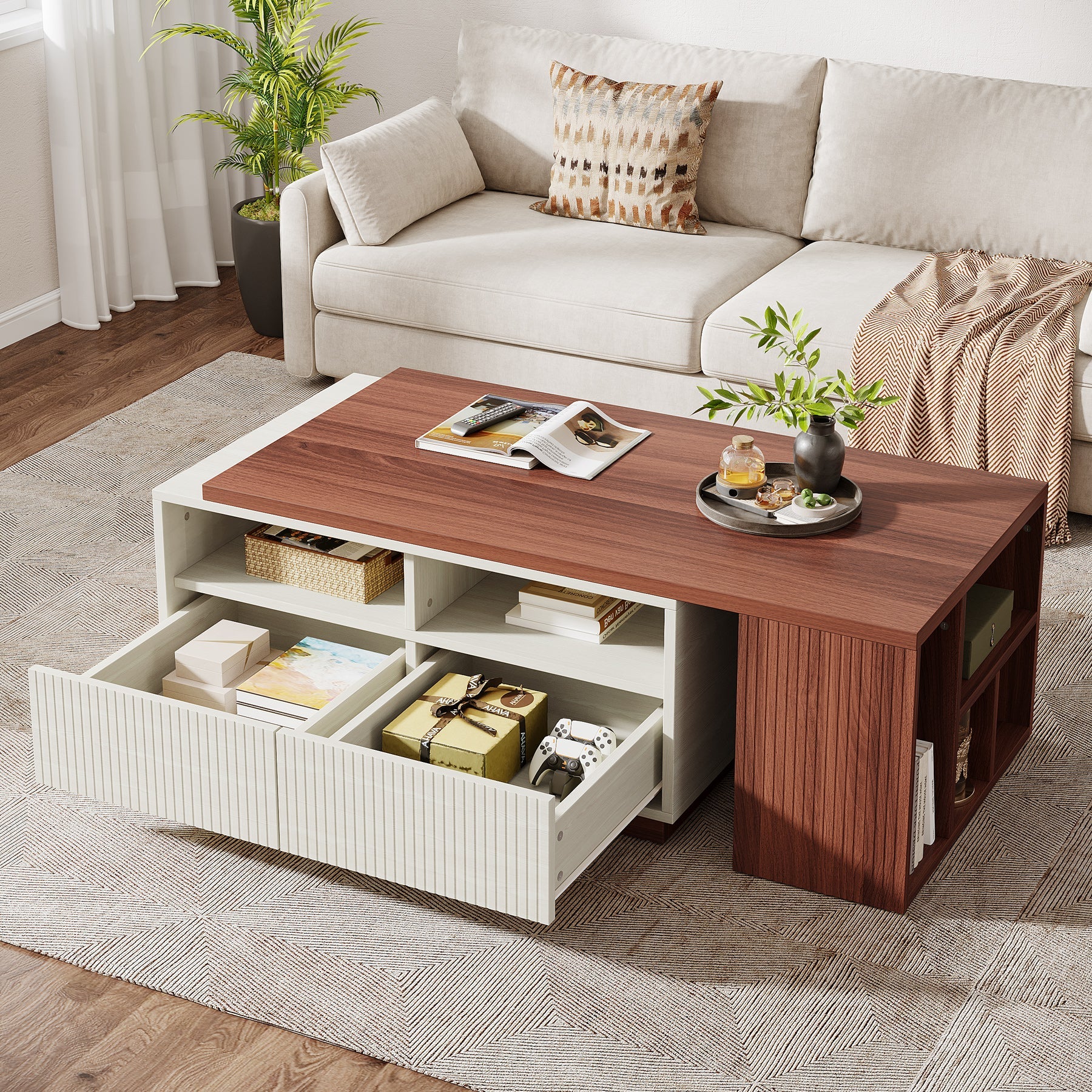 Extendable Coffee Table, Center Table with 2 Drawers and Reversible Tabletop Tribesigns