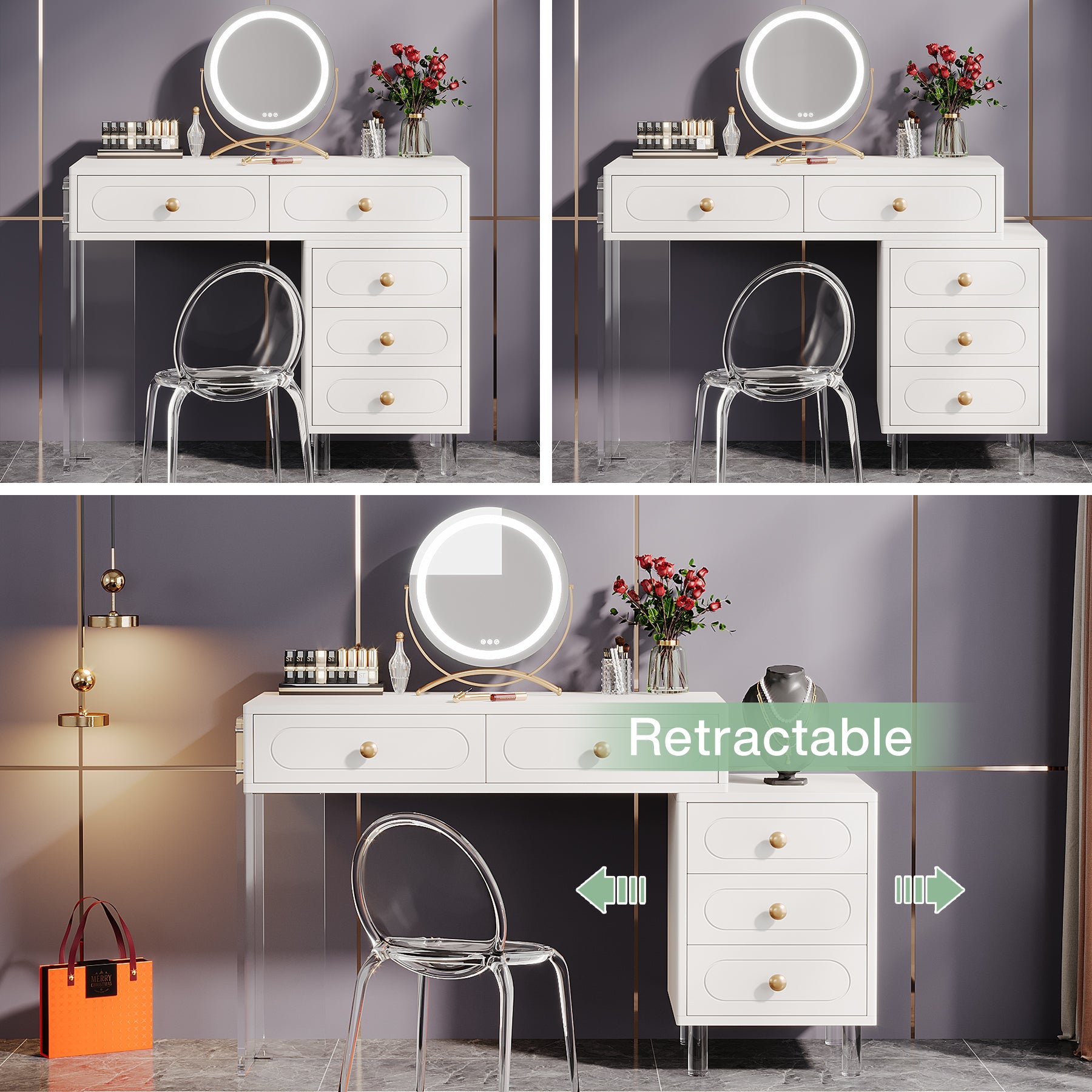 Extendable Makeup Vanity with 5-Drawer and Acrylic Base and Legs(Without Mirror) Tribesigns