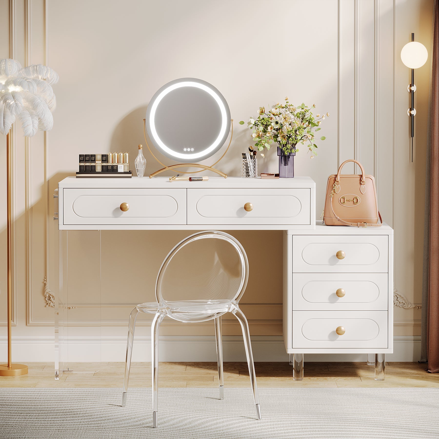 Extendable Makeup Vanity with 5-Drawer and Acrylic Base and Legs(Without Mirror) Tribesigns