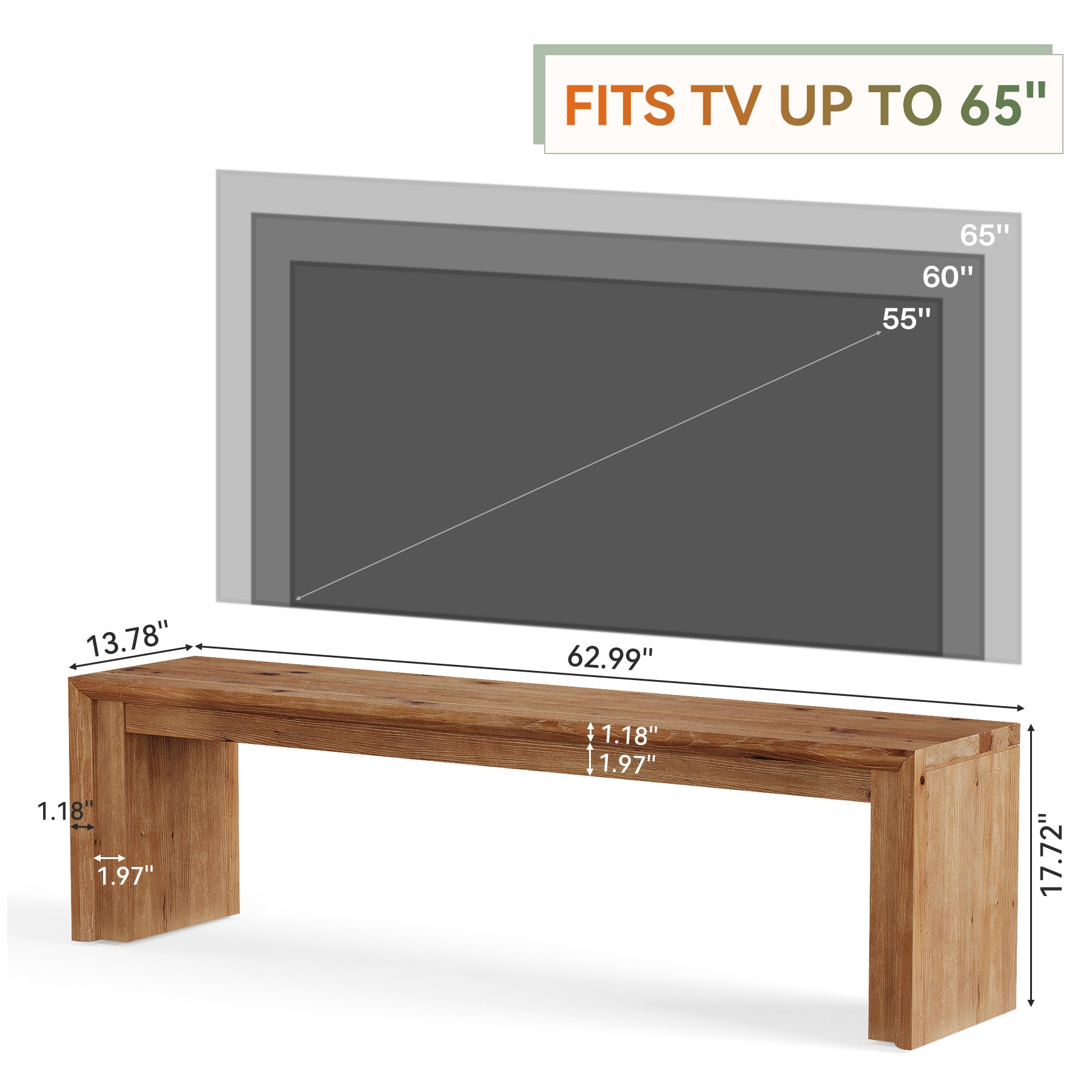 63" Solid Wood TV Stand for 65" TV, Farmhouse Entertainment Center Low Media Console