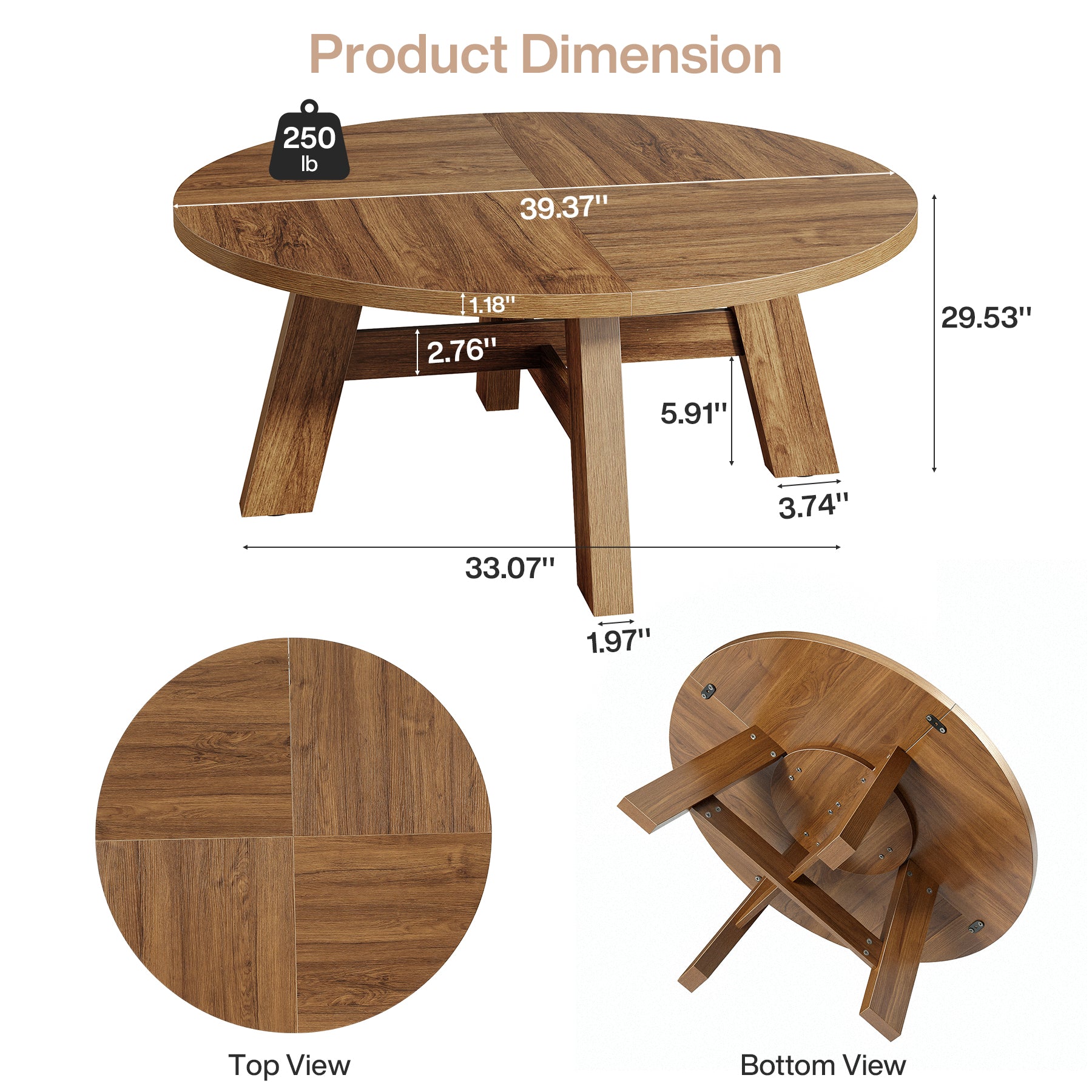 Round Coffee Table, 39" Circle Center Table with Reinforced Cross Brace
