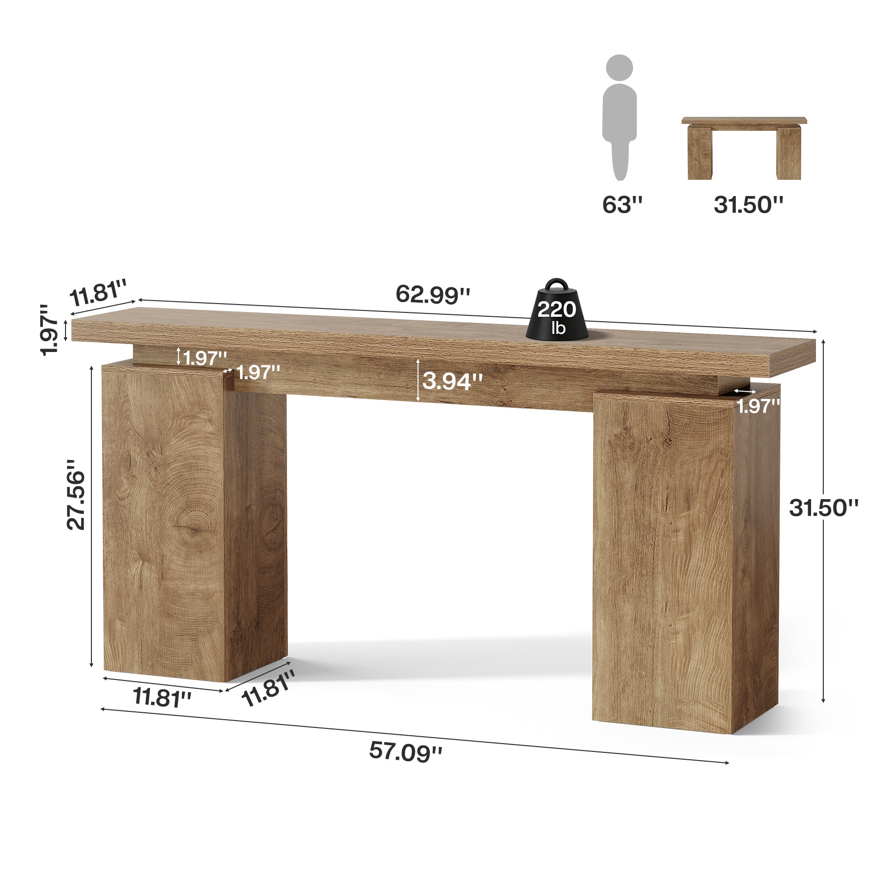 63" Console Table, Narrow Entryway Table with Sturdy Base for Foyer, Living Room