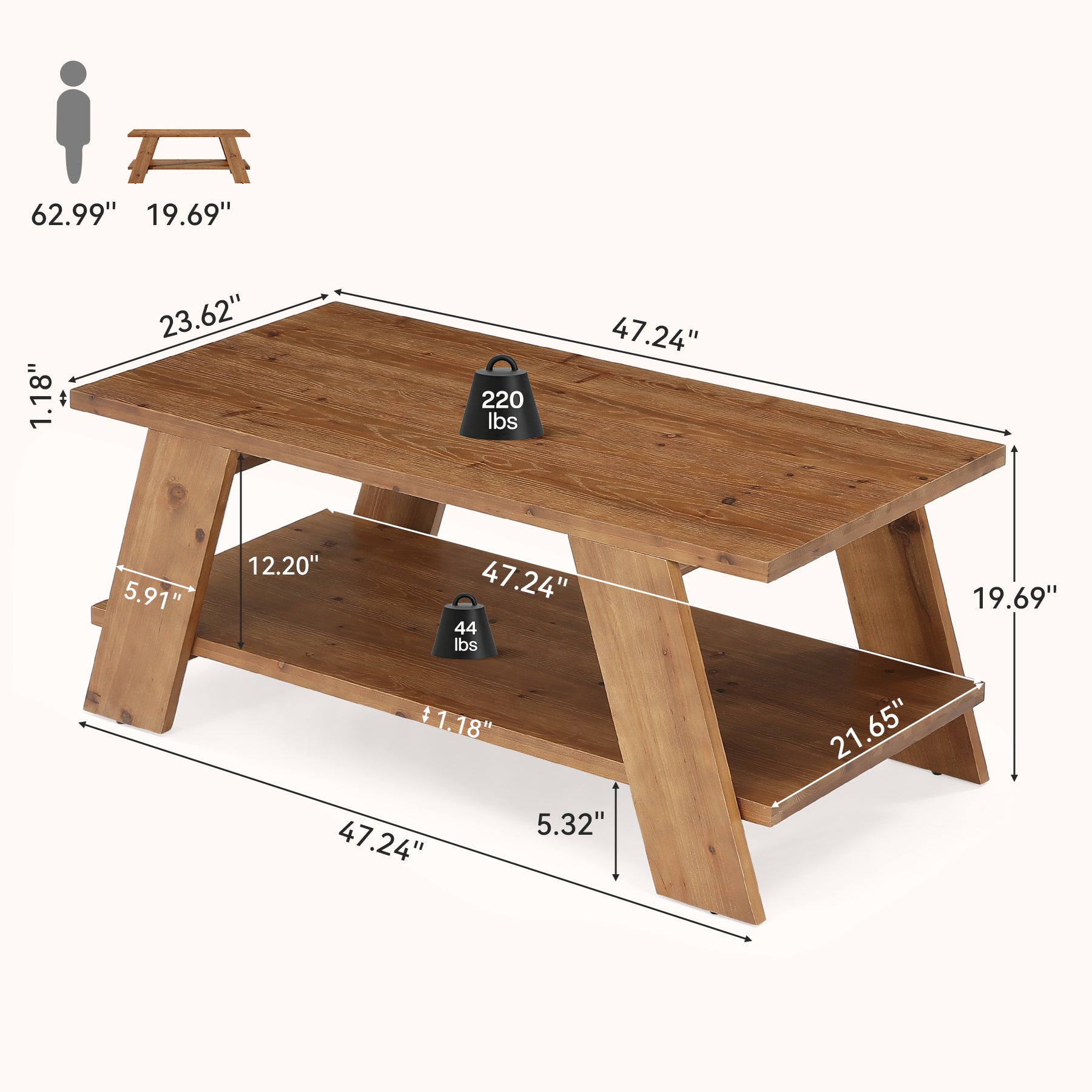 47" Solid Wood Coffee Table with 2-Tier Storage