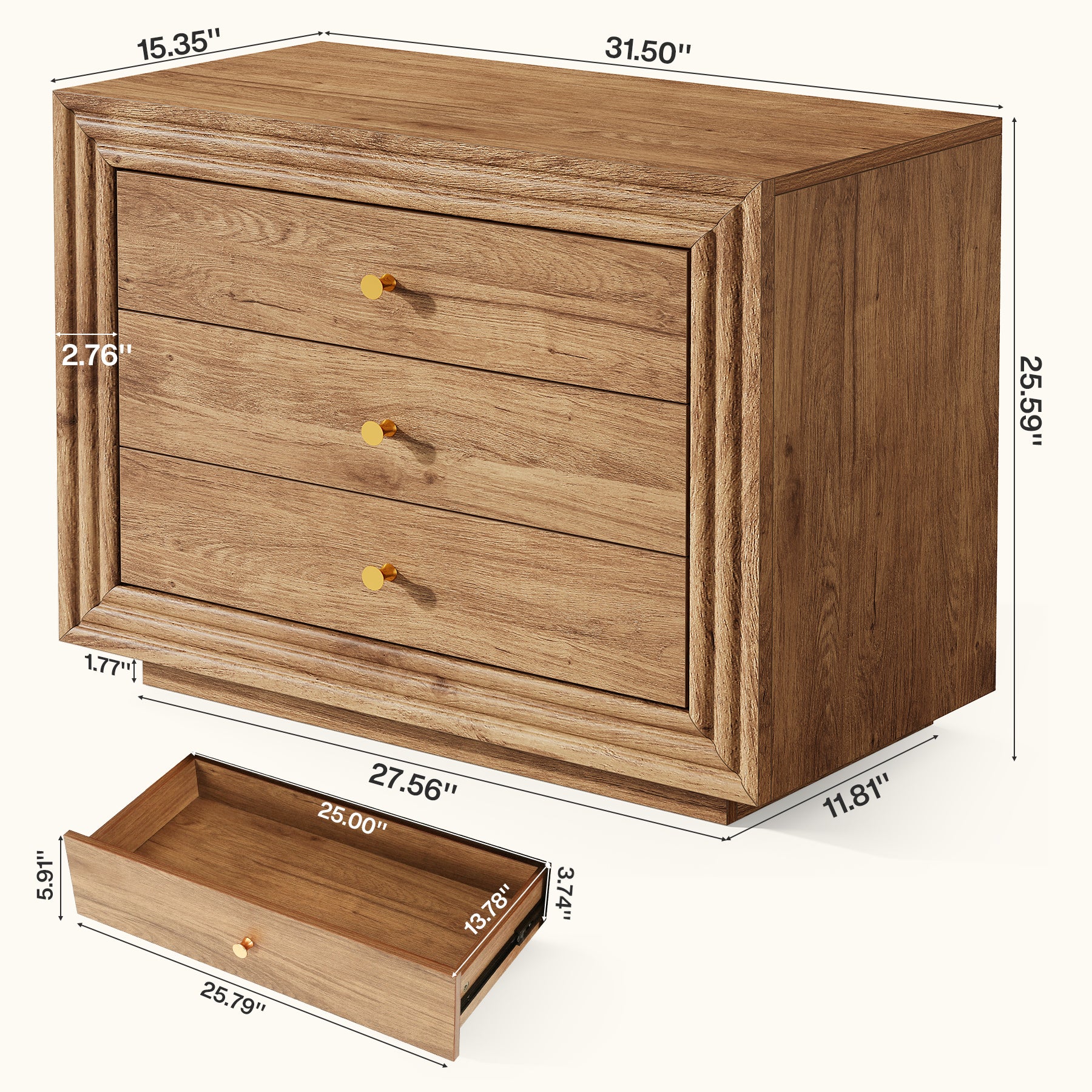 31.5" Oversized Nightstand, Farmhouse Bedside Table with 3 Drawers