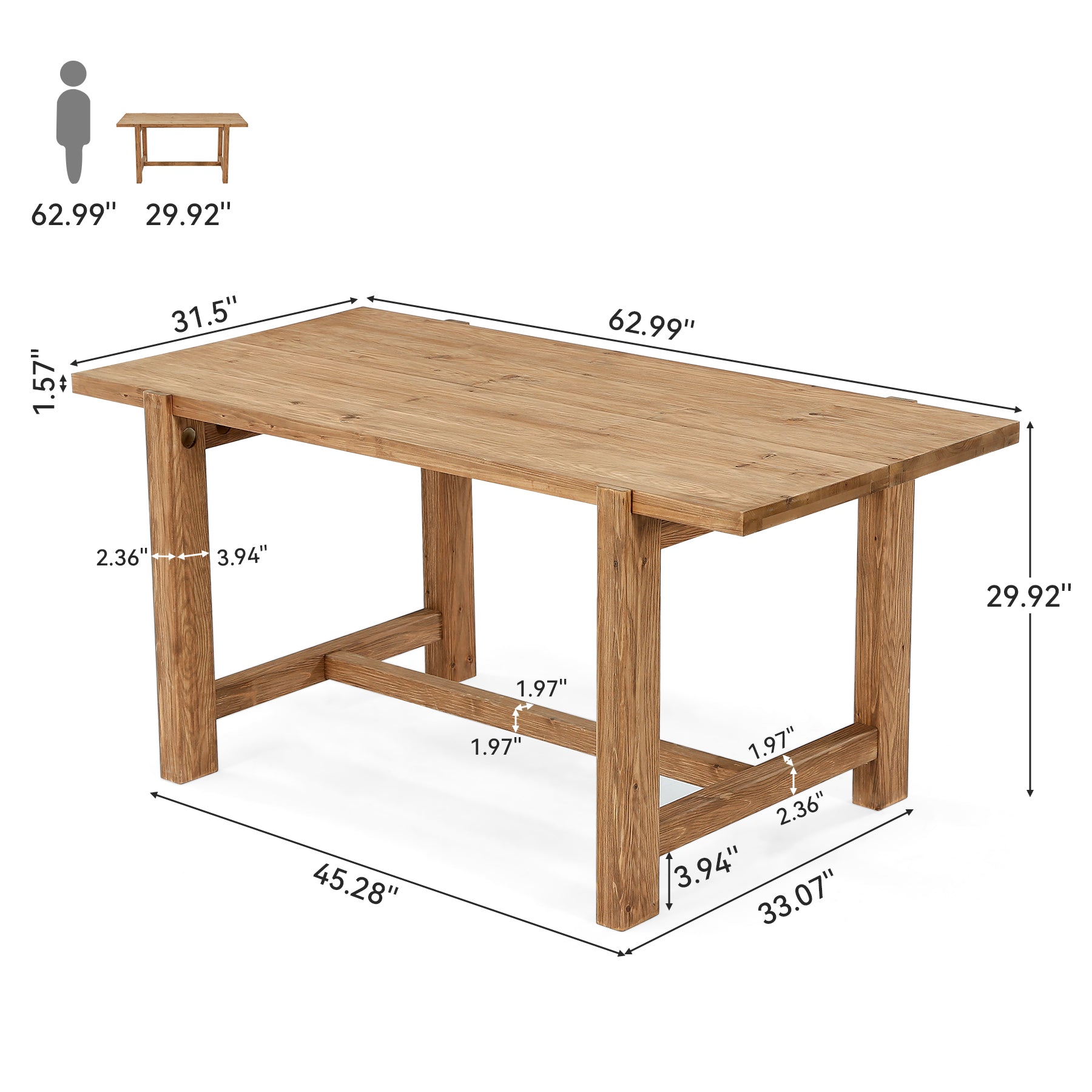 63 Inch Solid Wood Dining Table, Farmhouse Rectangular Table for Kitchen Dining Room 4-6 People