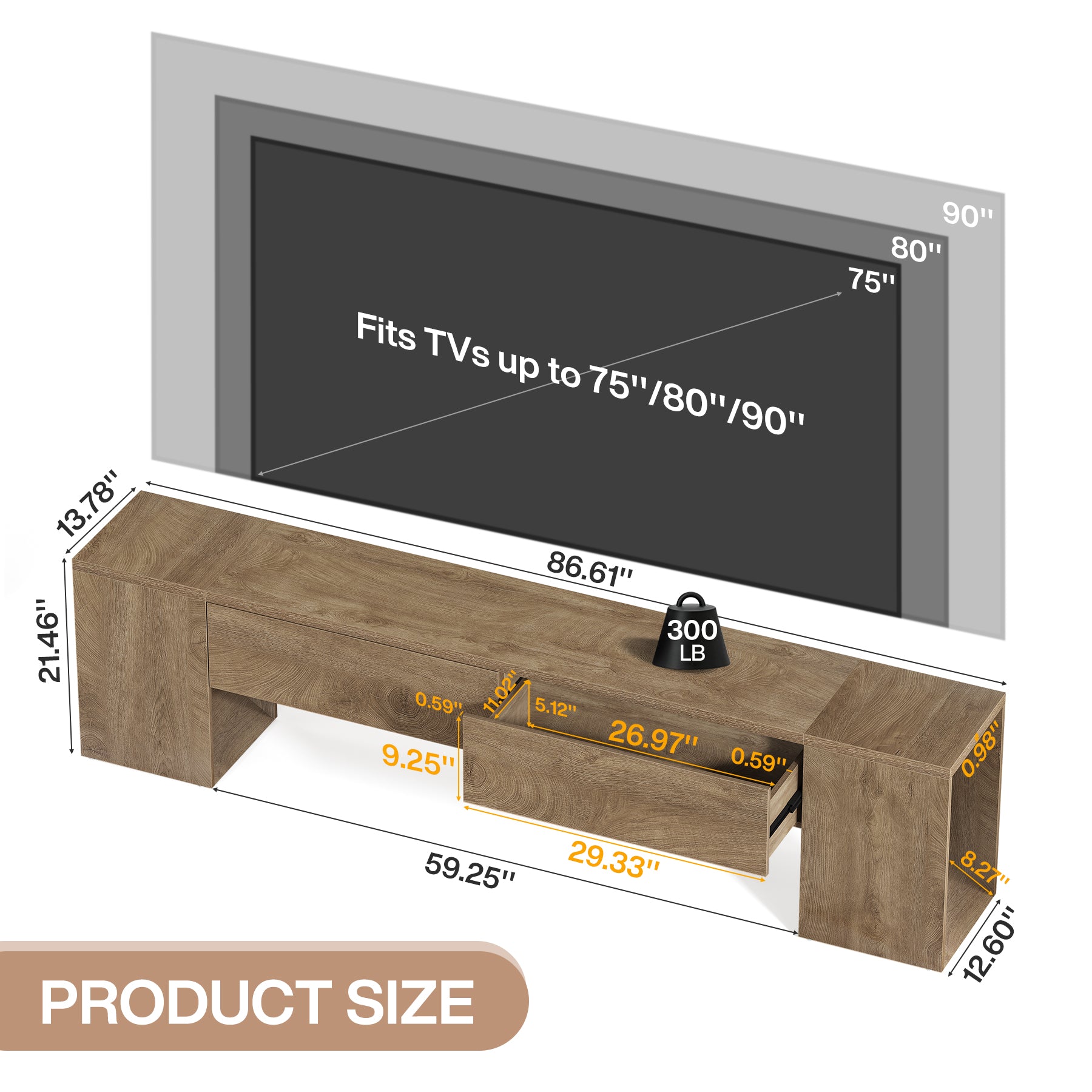 86" Extra-Long TV Stand, Media TV Console with Double Drawers for TVs up to 90 Inch