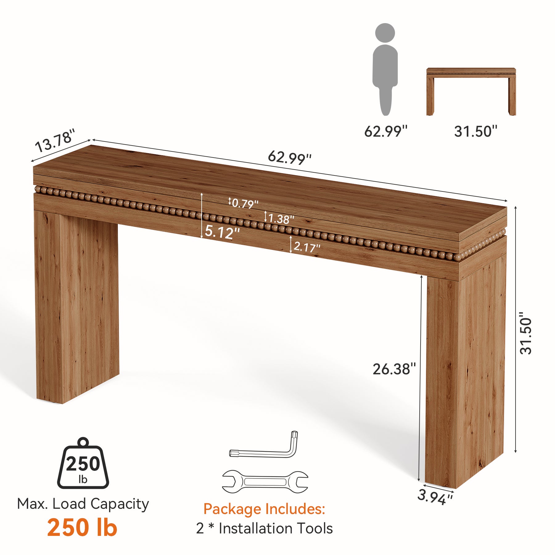 63" Solid Wood Console Table, Mid-Century Sofa Table Behind the Couch for Hallway Foyer