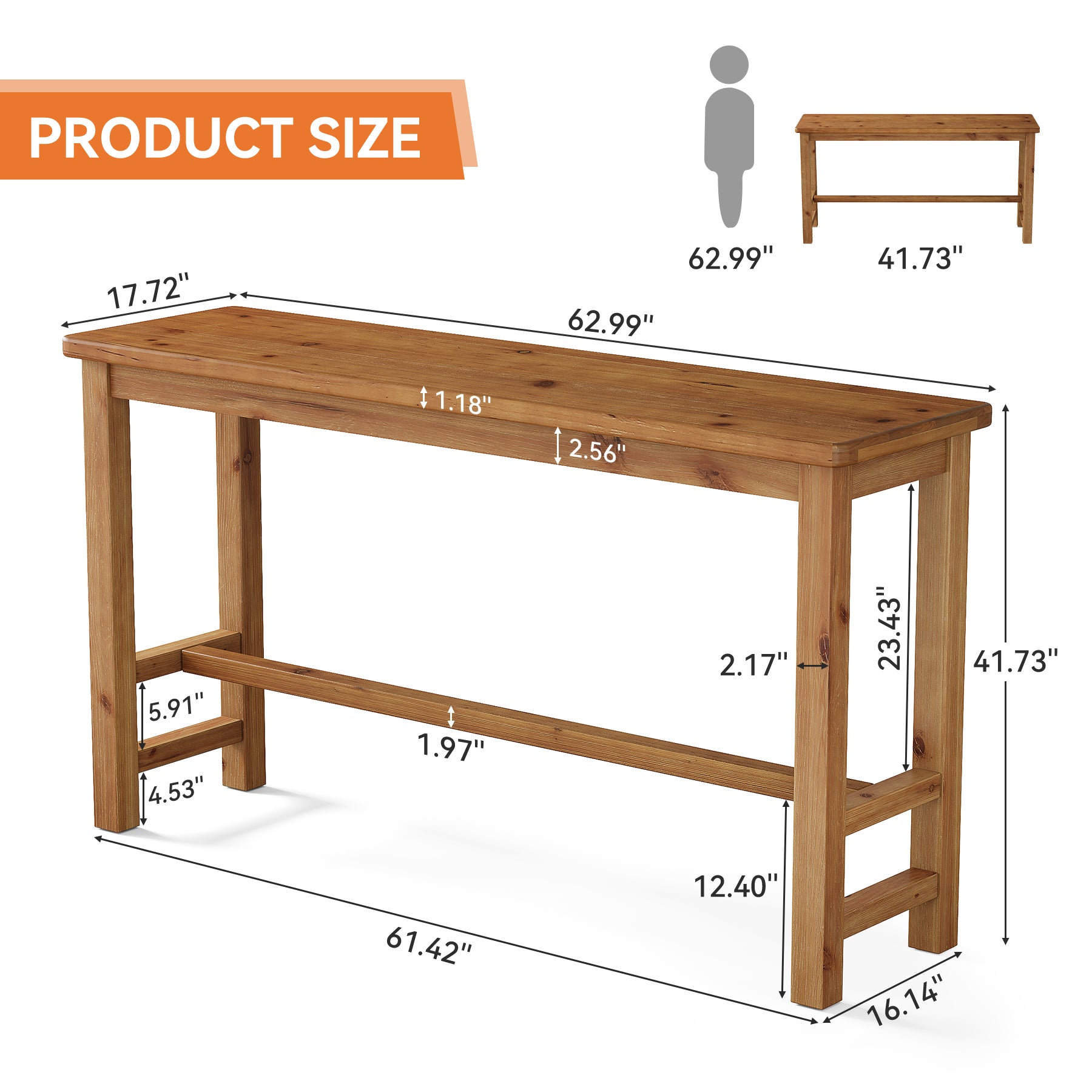 63" Solid Wood Bar Table, Rectangular Counter Height Pub Table for Home Bar