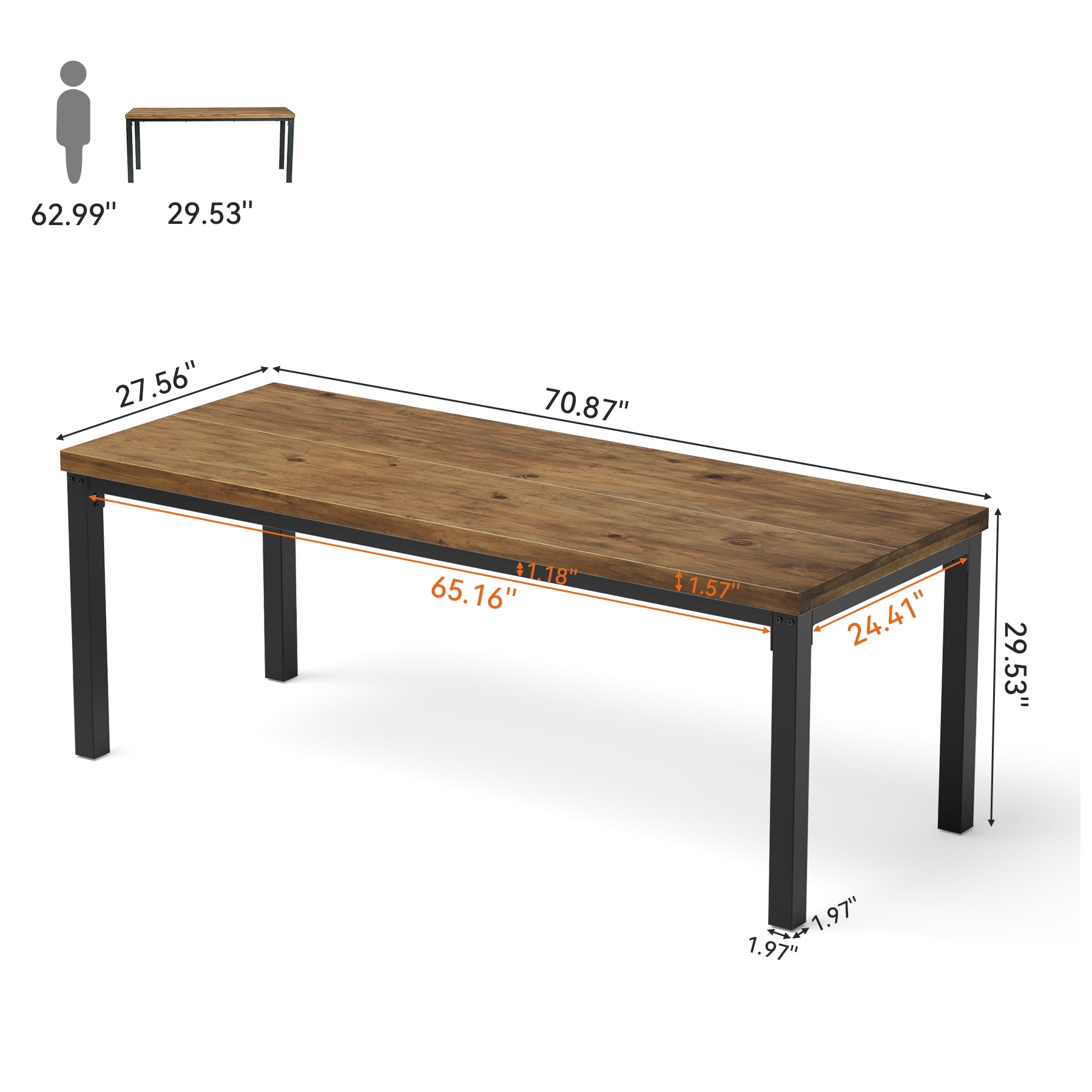 70.9" Computer Desk, Industrial Executive Office Desk with Solid Pine Wood Top
