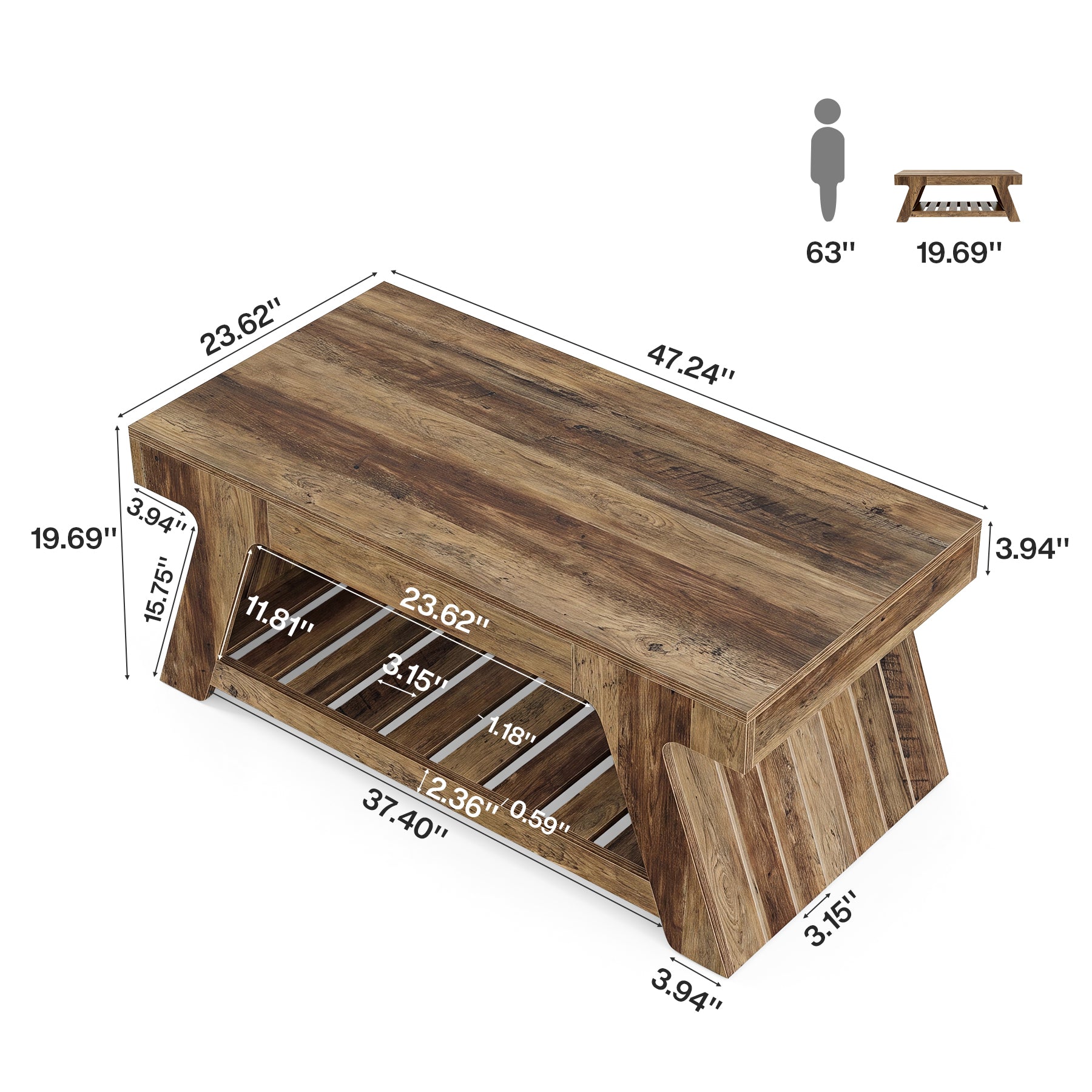 47" Farmhouse Coffee Table, 2-Tier Center Table with Slatted Storage Shelf for Living Room