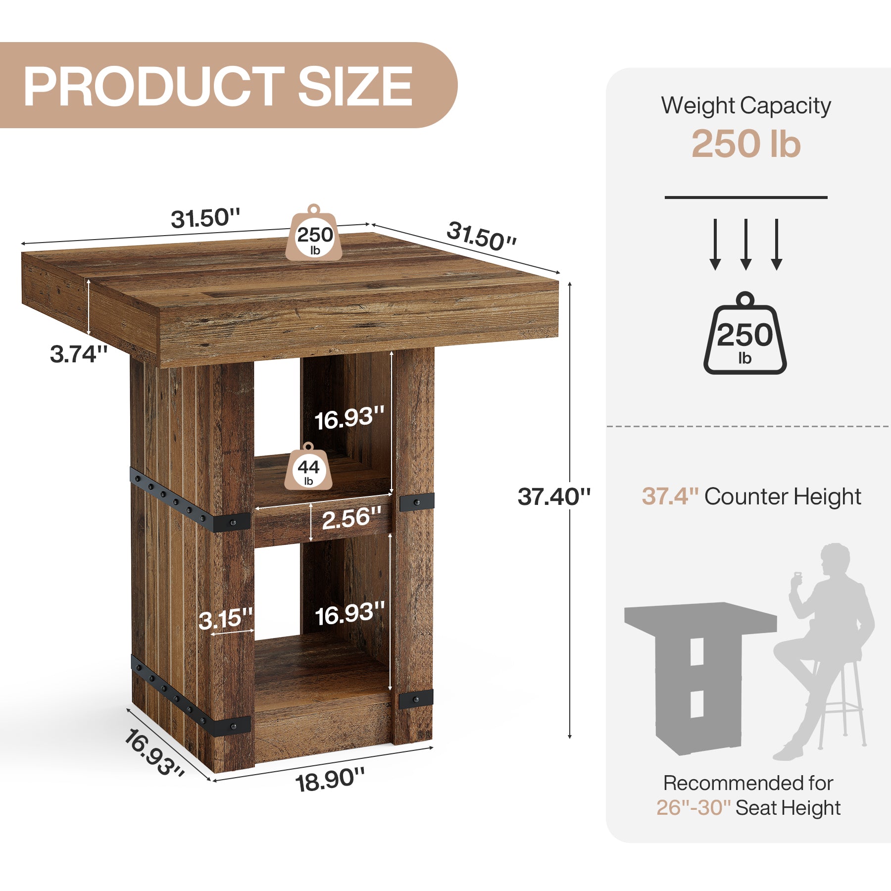 31.5" Square Bar Table, Counter Height Dining Table with Storage Base