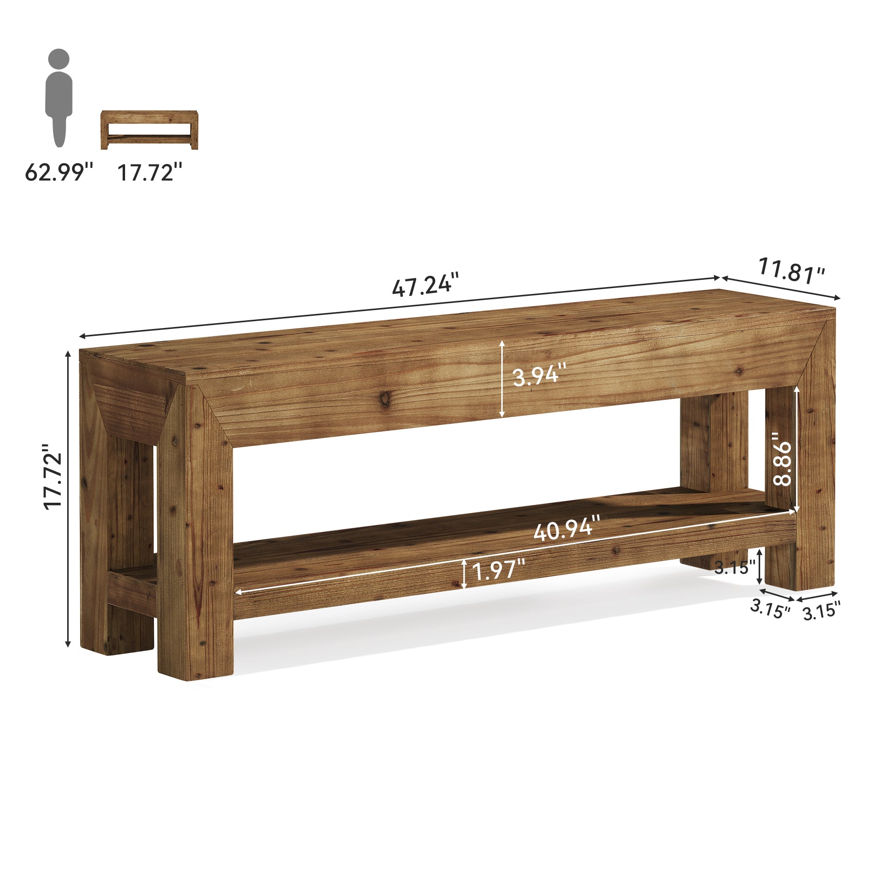 47.24" Solid Wood Entryway Bench, Narrow Shoe Bench with Open Shelves