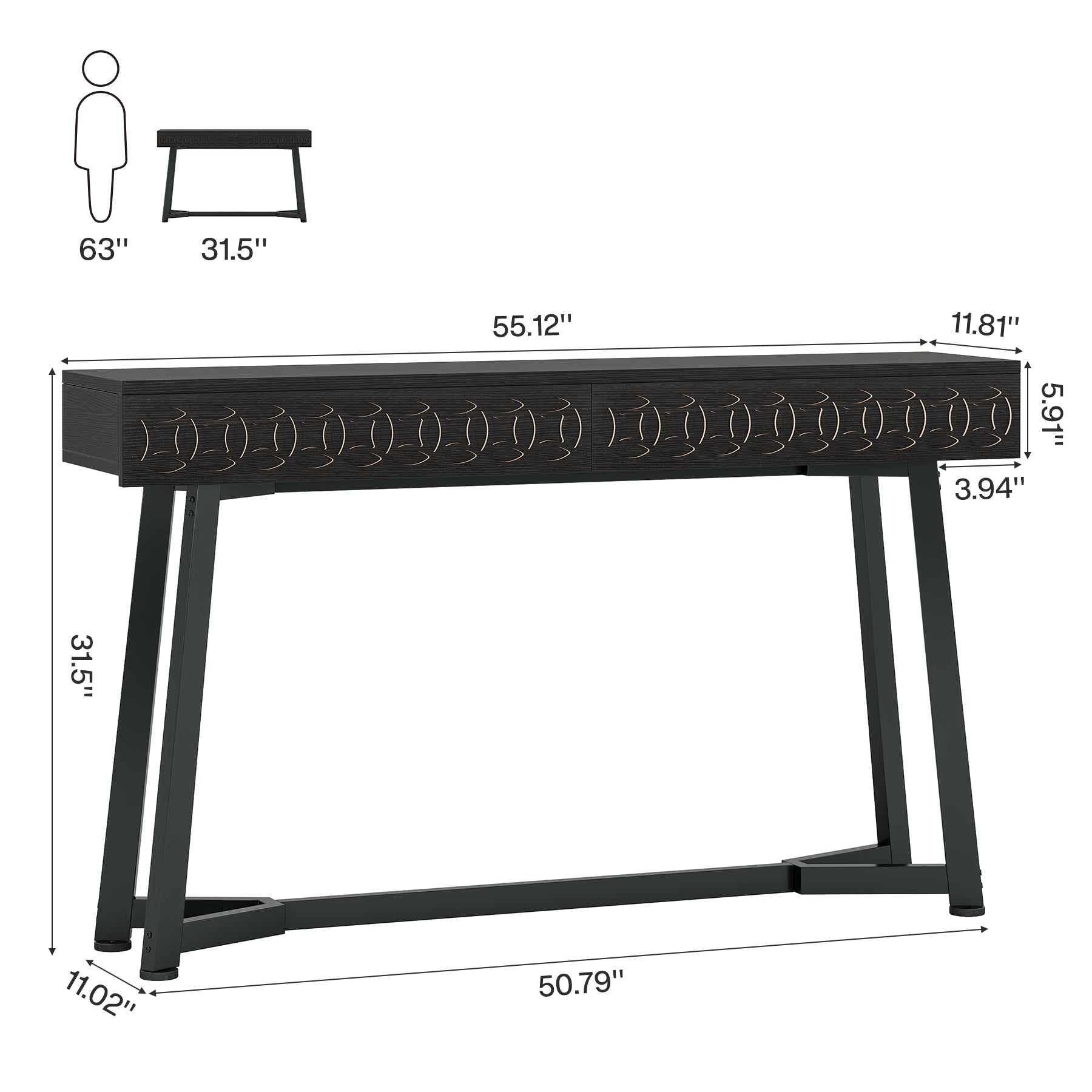 55" Console Table, Modern Sofa Entryway Table with 2 Drawers Tribesigns