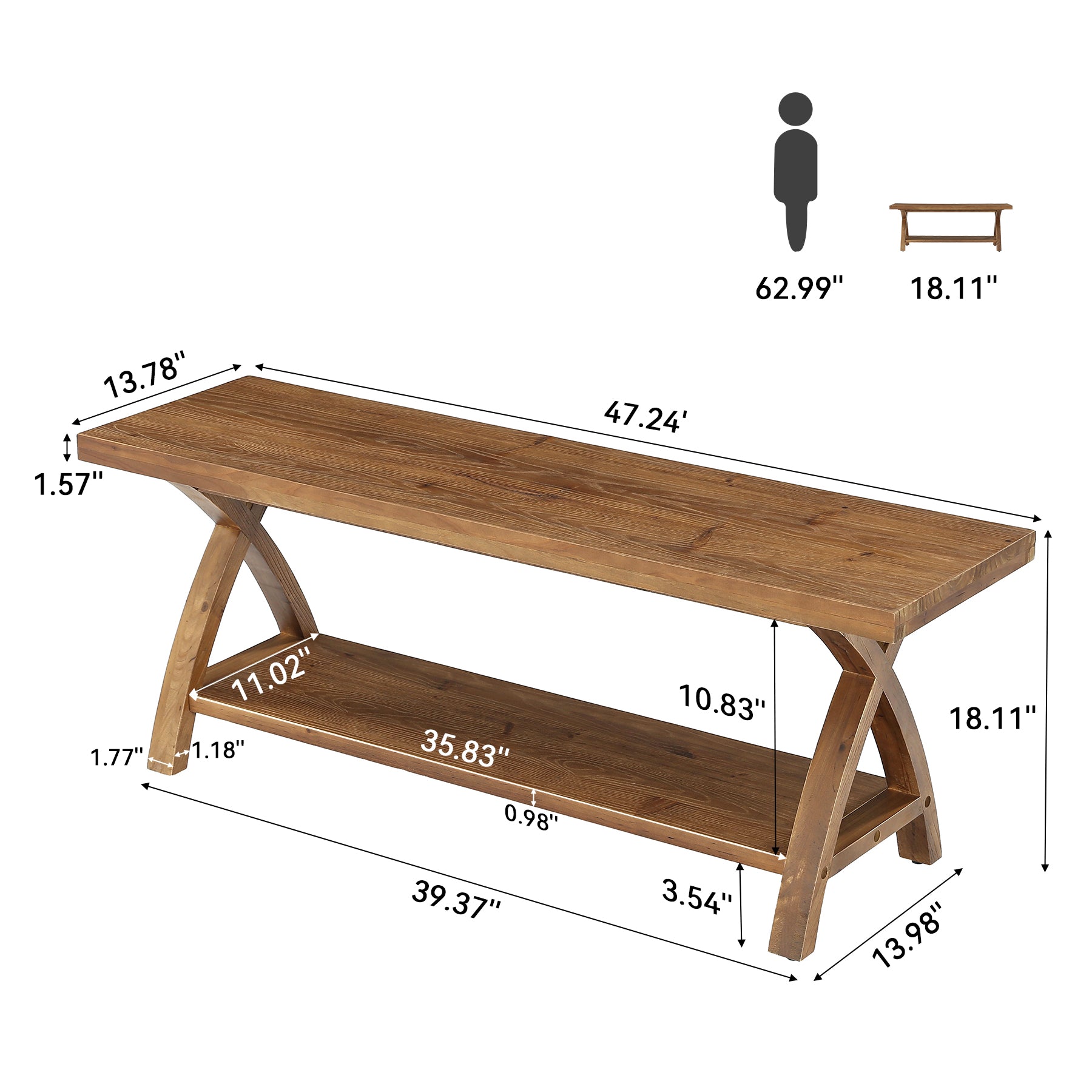 47.2-Inch Solid Wood Entryway Bench with Shoe Storage, 2-Tier Rustic Indoor End of Bed Bench