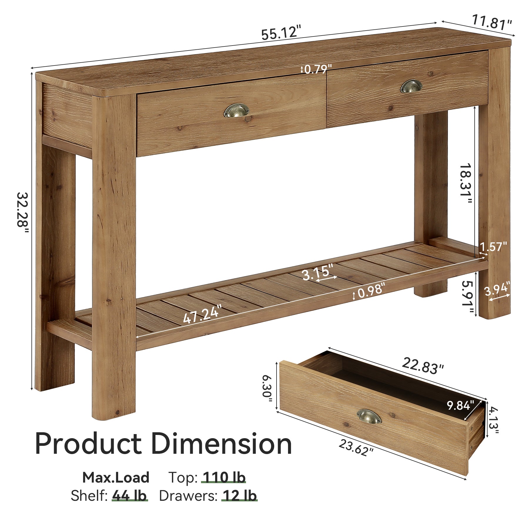 55" Solid Wood Console Table, Narrow Entryway Table with 2 Drawers & Storage Shelf,
