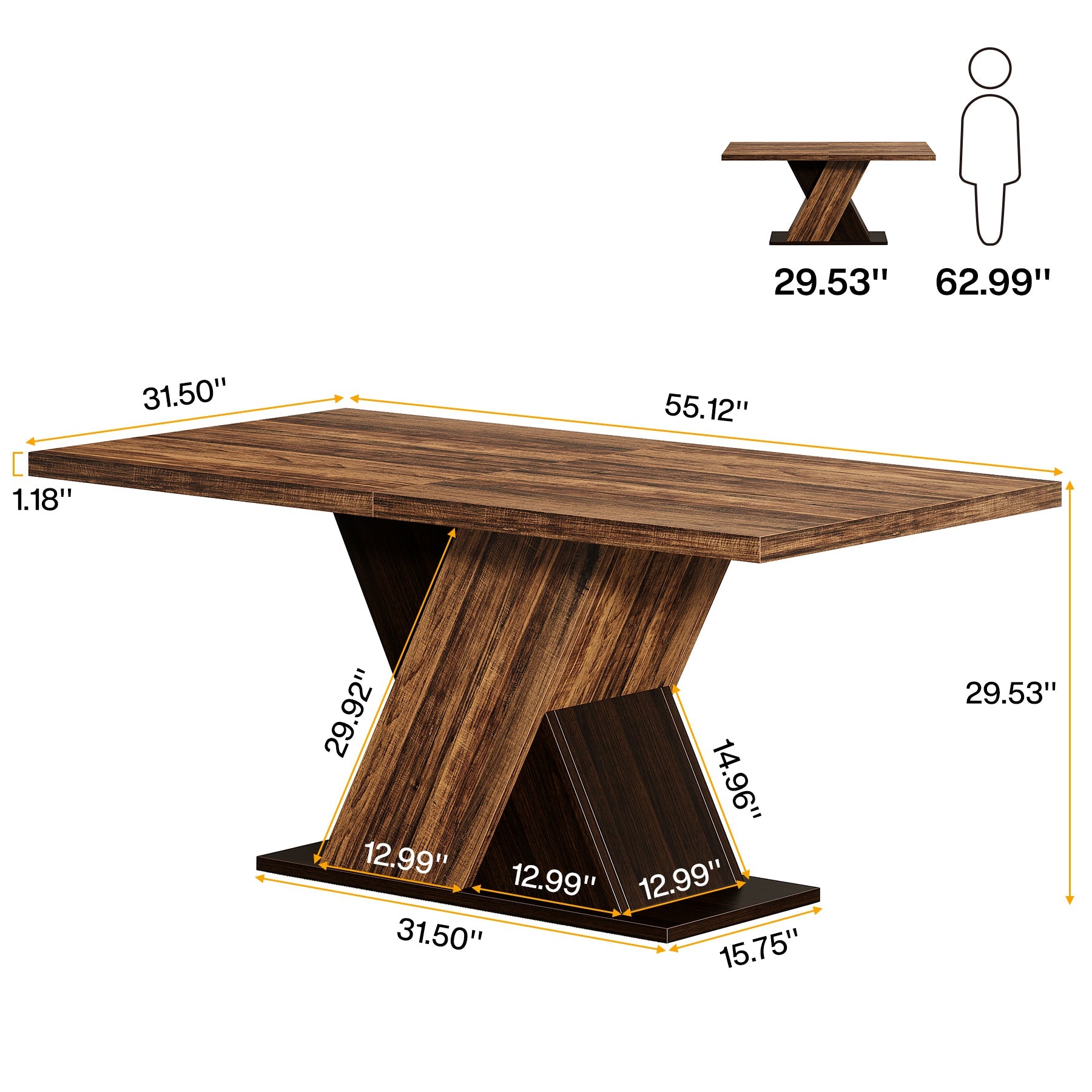 55" Dining Table, Wood Kitchen Dinner Table for 4-6
