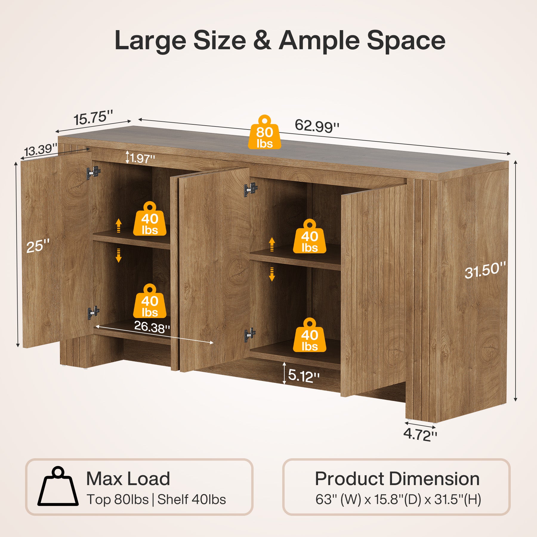 63" Fluted Sideboard Buffet Cabinet with Storage, Modern Coffee Bar Cabinet with Adjustable Shelves