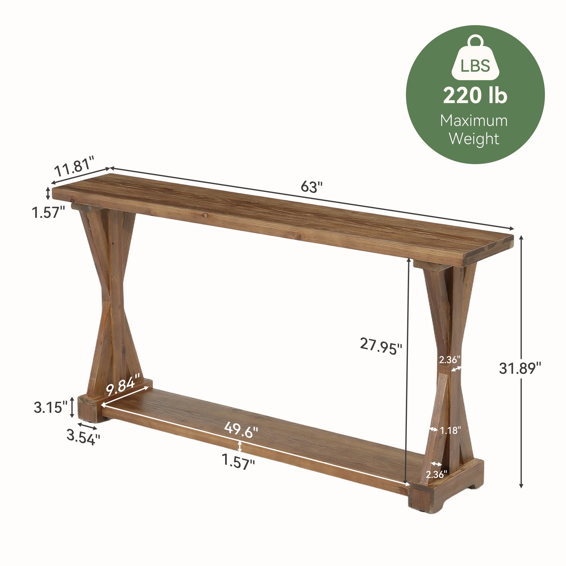 63" Narrow Console Table, Farmhouse Solid Wood Entryway Table with 2-Tier Storage
