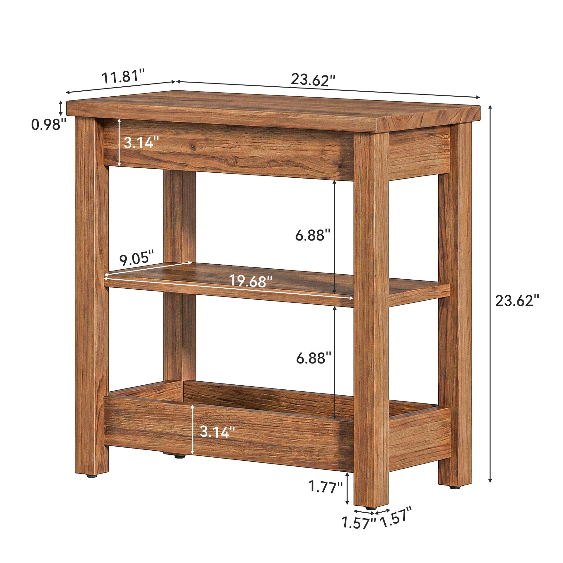 Tribesigns 23.62" Solid Wood End Table, 3-Tier Narrow Side Table for Living Room and Bedroom