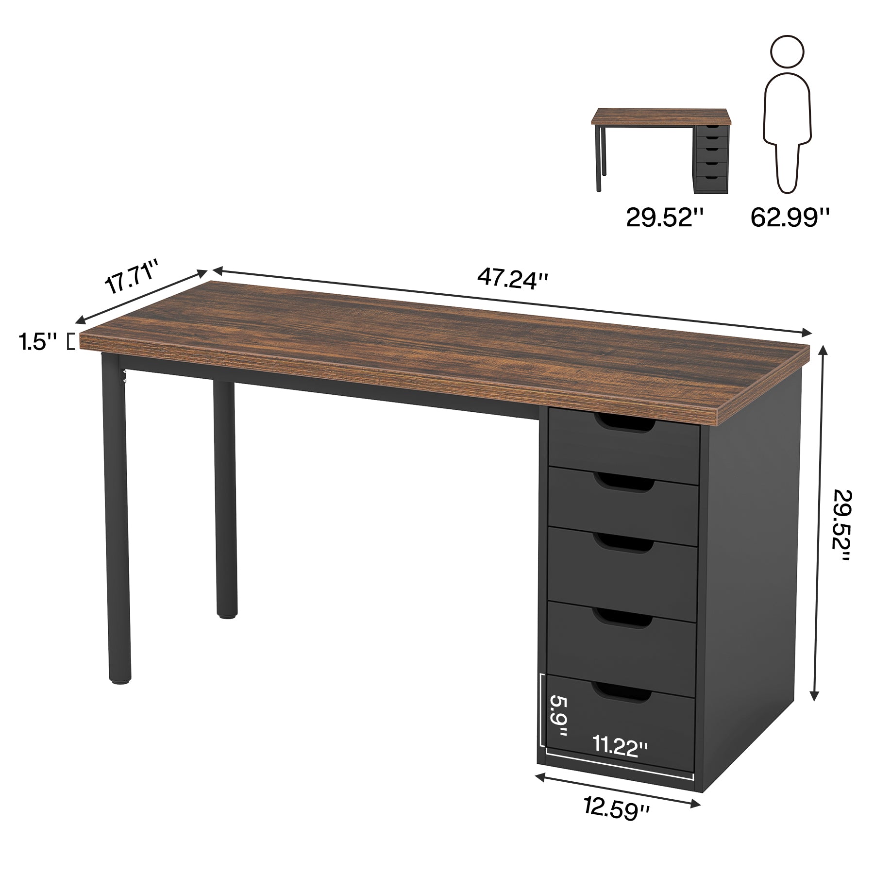 47" Computer Desk with 5 Drawers, Compact Storage Home Office Desk